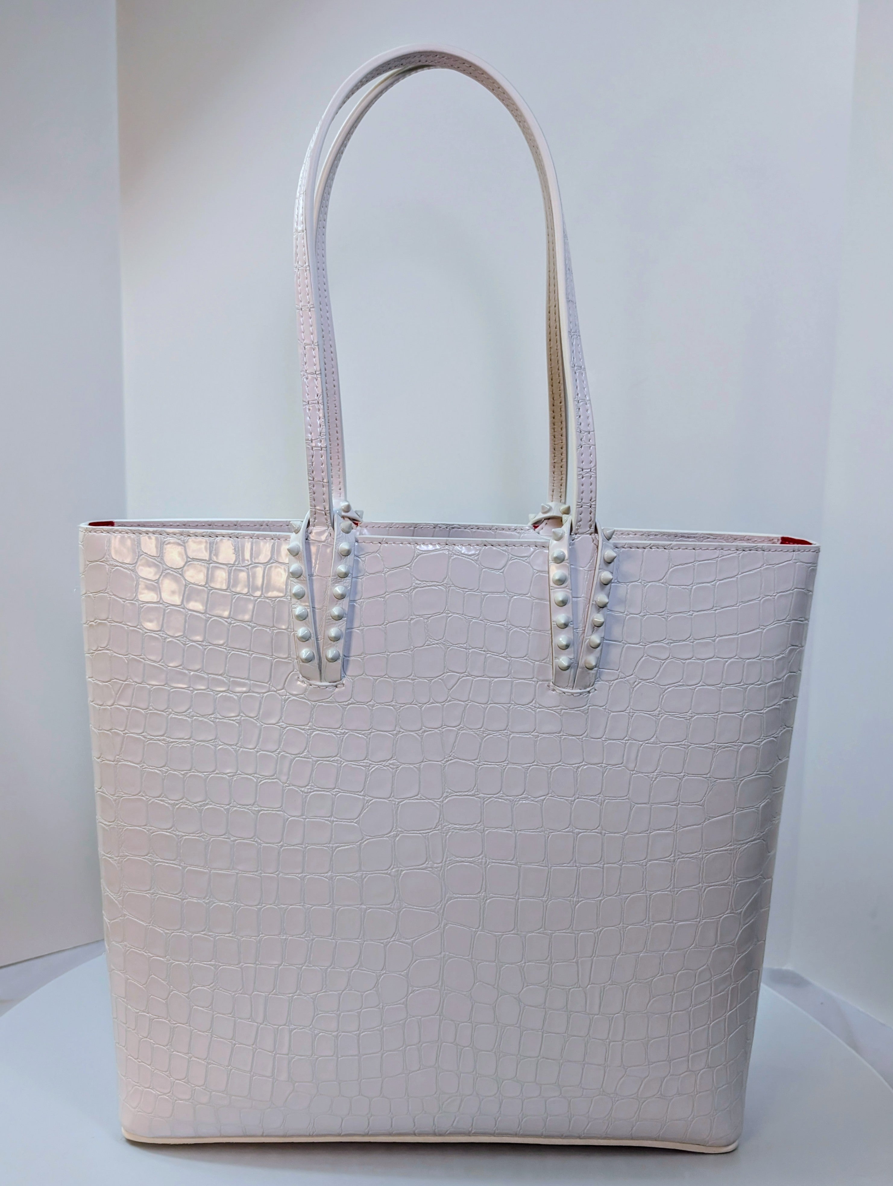Christian Louboutin White Crocodile Embossed Leather Cabata Spikes Tote Bag