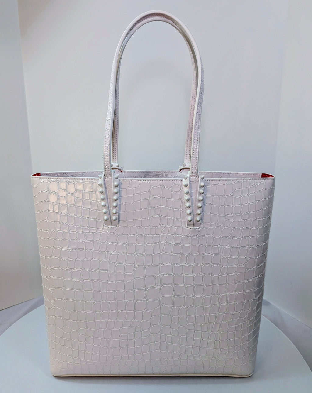 Christian Louboutin White Crocodile Embossed Leather Cabata Spikes Tote Bag