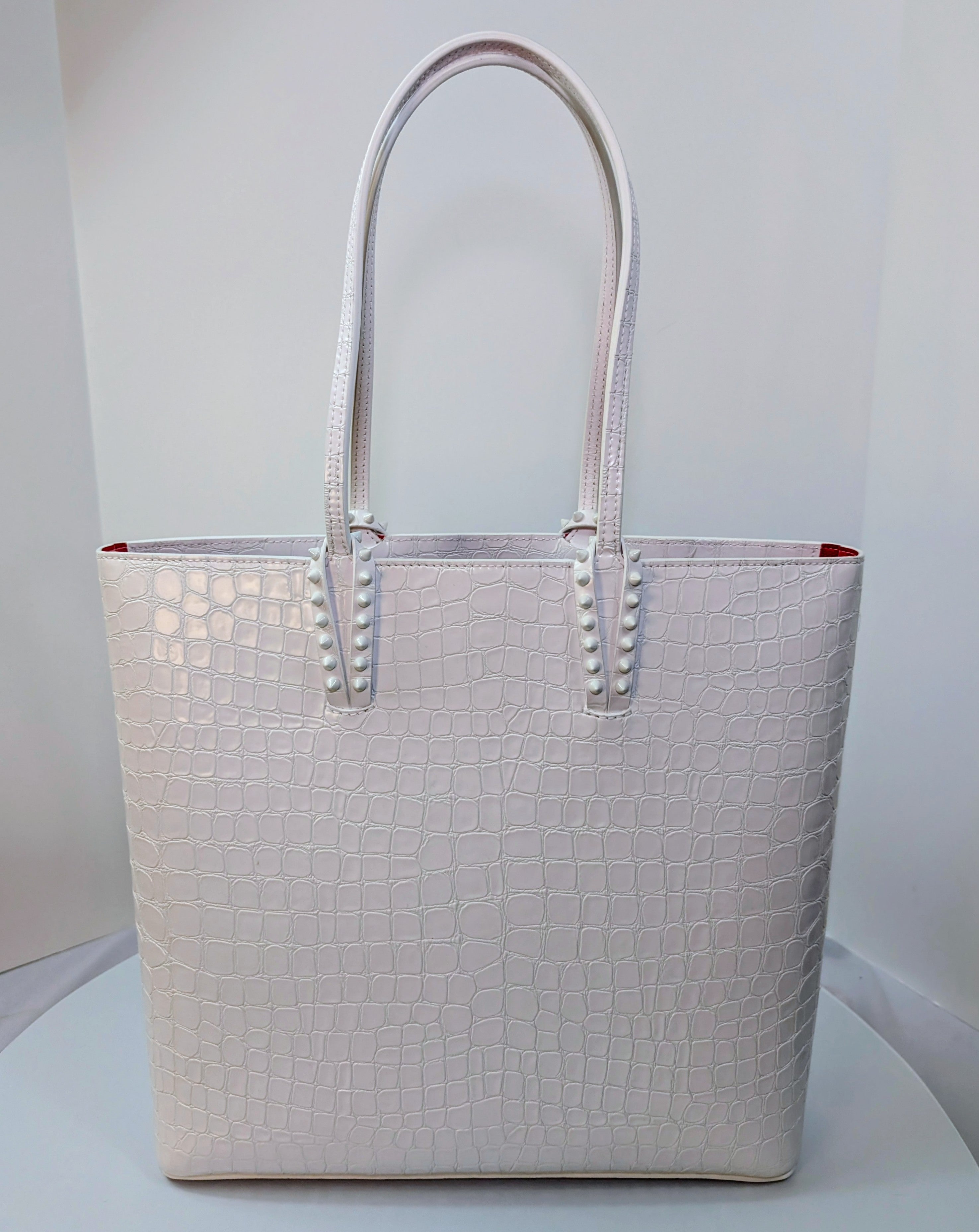 Christian Louboutin White Crocodile Embossed Leather Cabata Spikes Tote Bag