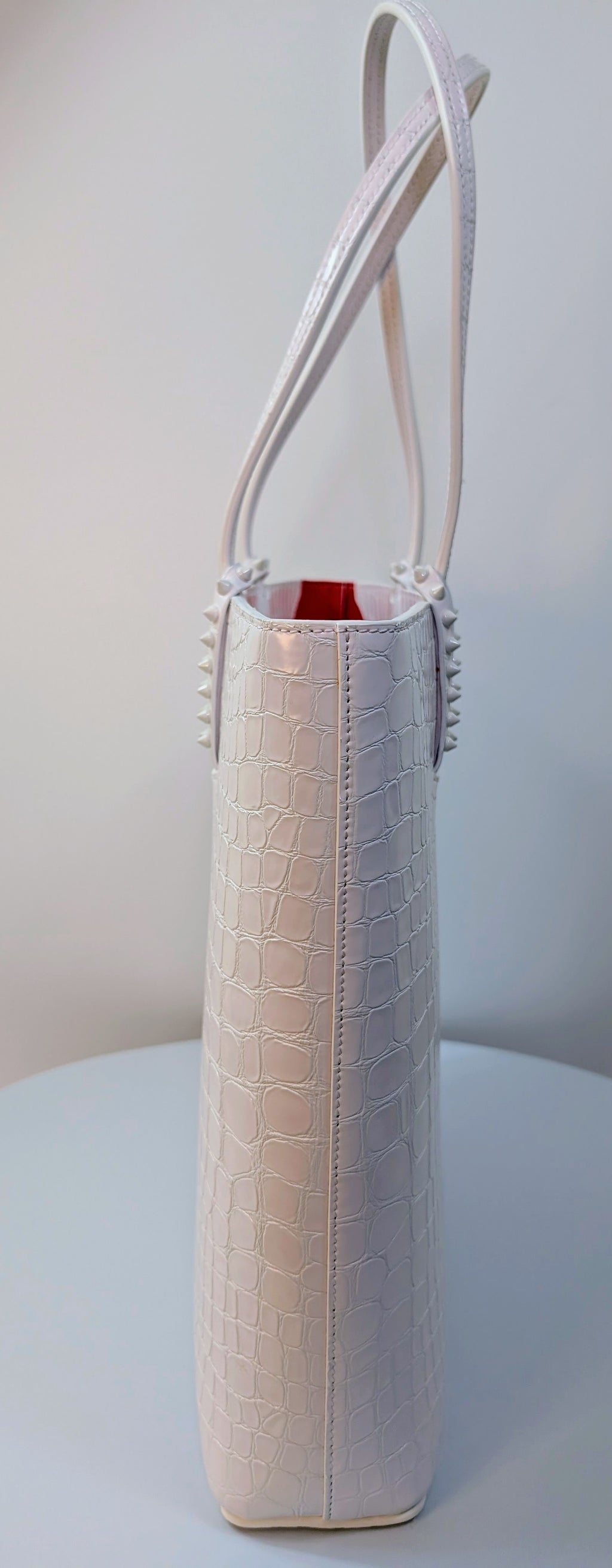 Christian Louboutin White Crocodile Embossed Leather Cabata Spikes Tote Bag