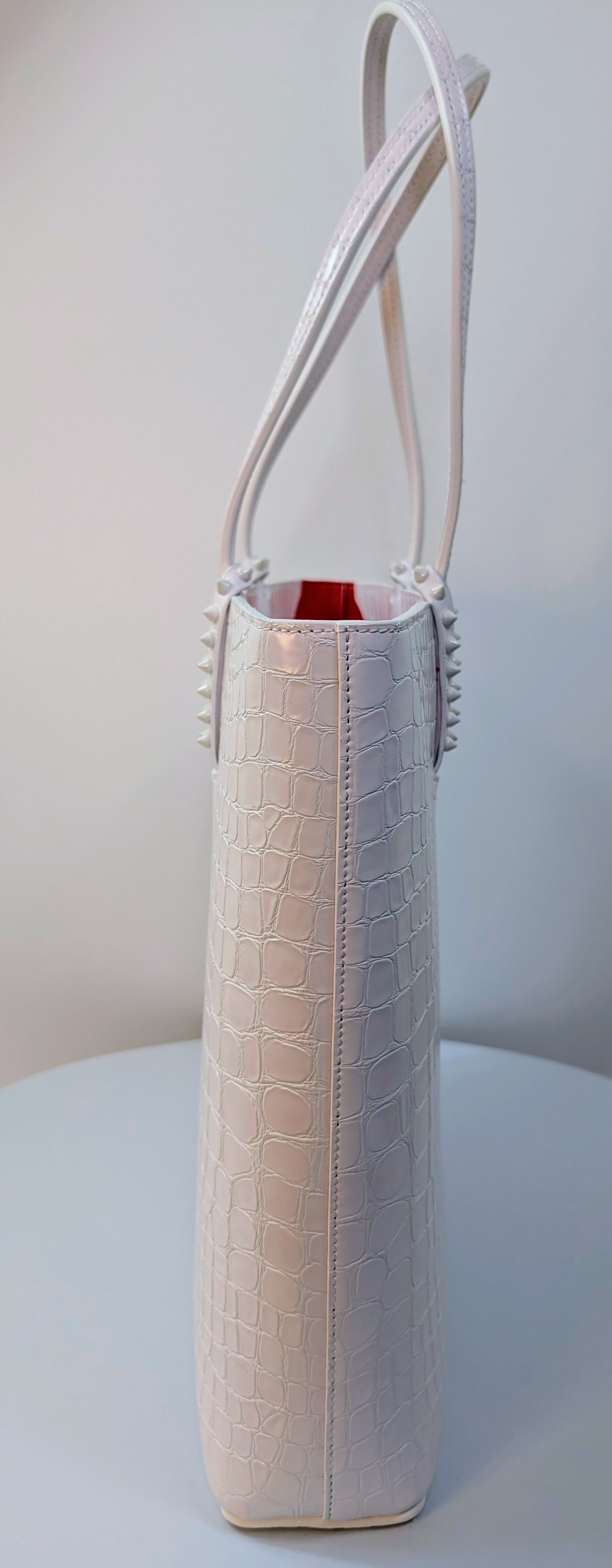 Christian Louboutin White Crocodile Embossed Leather Cabata Spikes Tote Bag