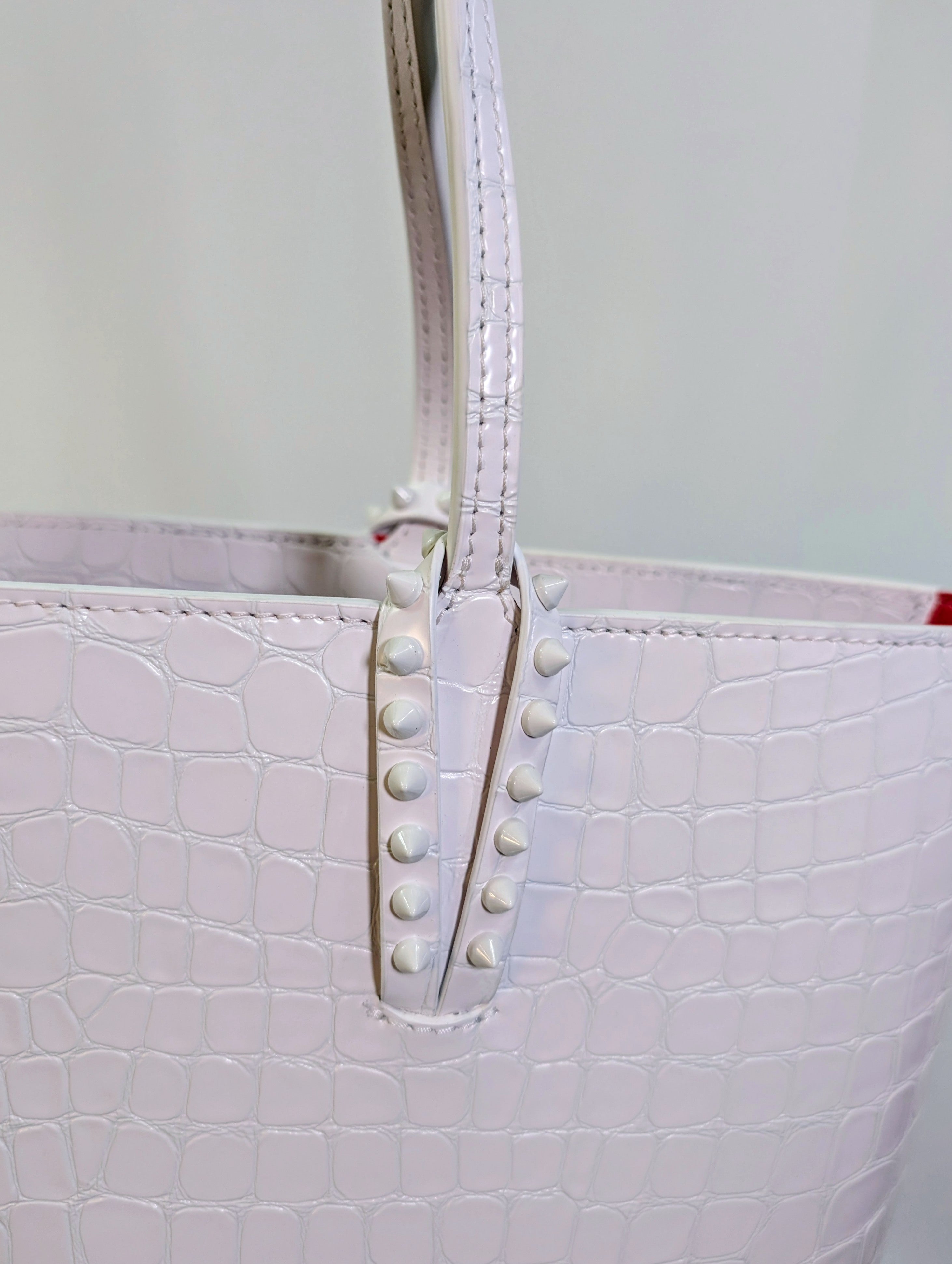 Christian Louboutin White Crocodile Embossed Leather Cabata Spikes Tote Bag