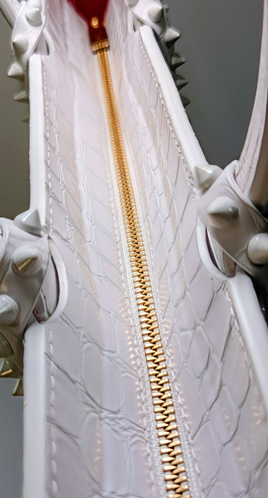 Christian Louboutin White Crocodile Embossed Leather Cabata Spikes Tote Bag