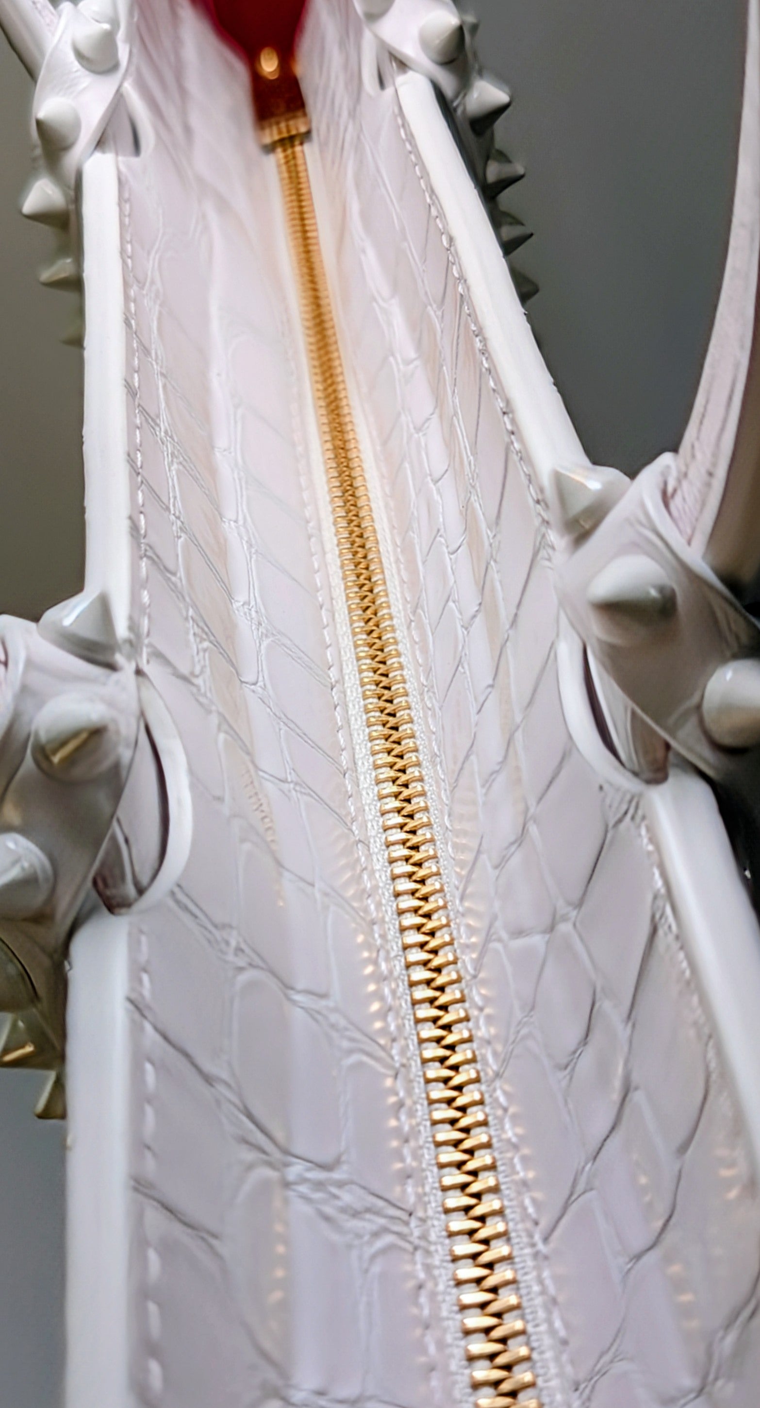 Christian Louboutin White Crocodile Embossed Leather Cabata Spikes Tote Bag