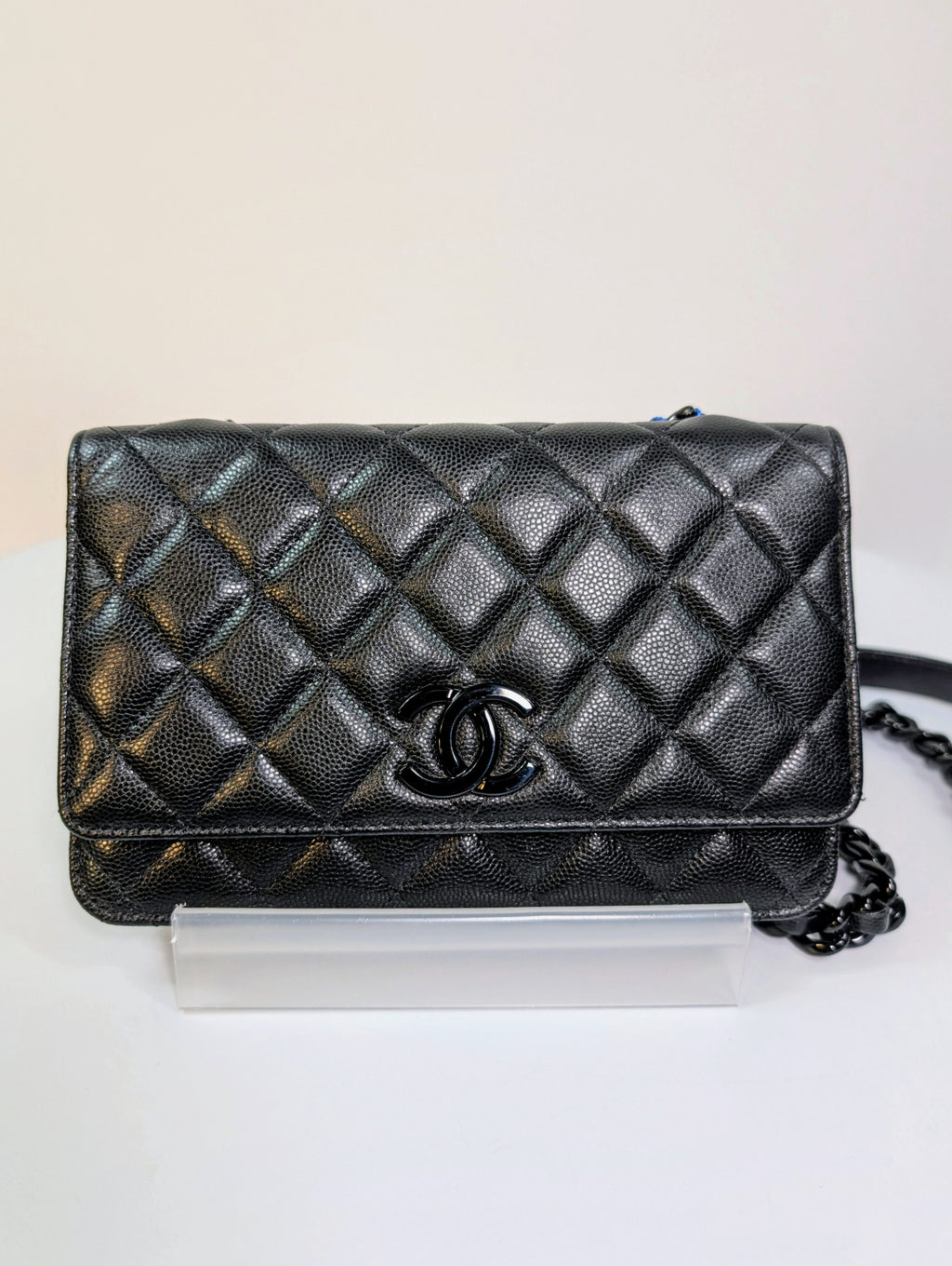 Chanel "So Black" Quilted Caviar Leather Wallet on Chain (WOC)