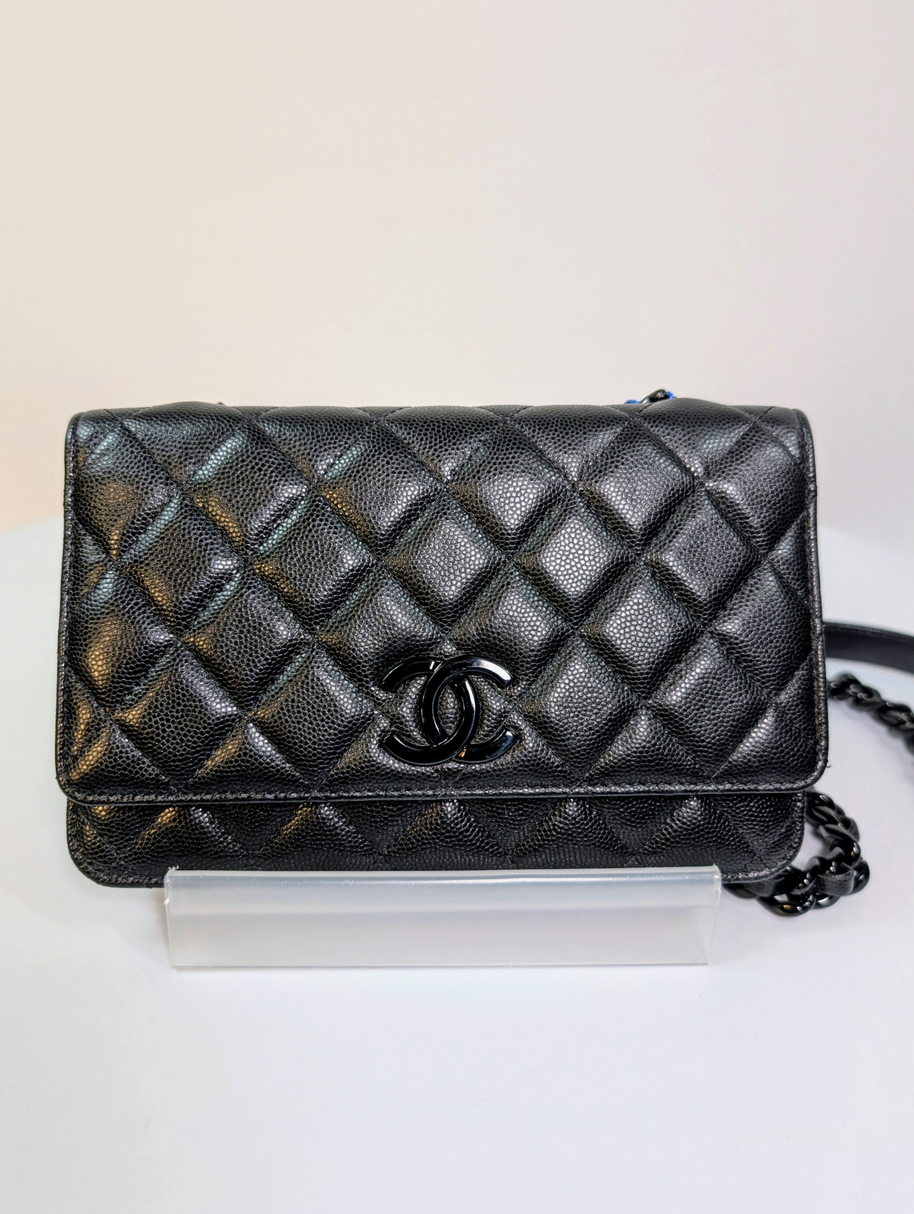 Chanel "So Black" Quilted Caviar Leather Wallet on Chain (WOC)