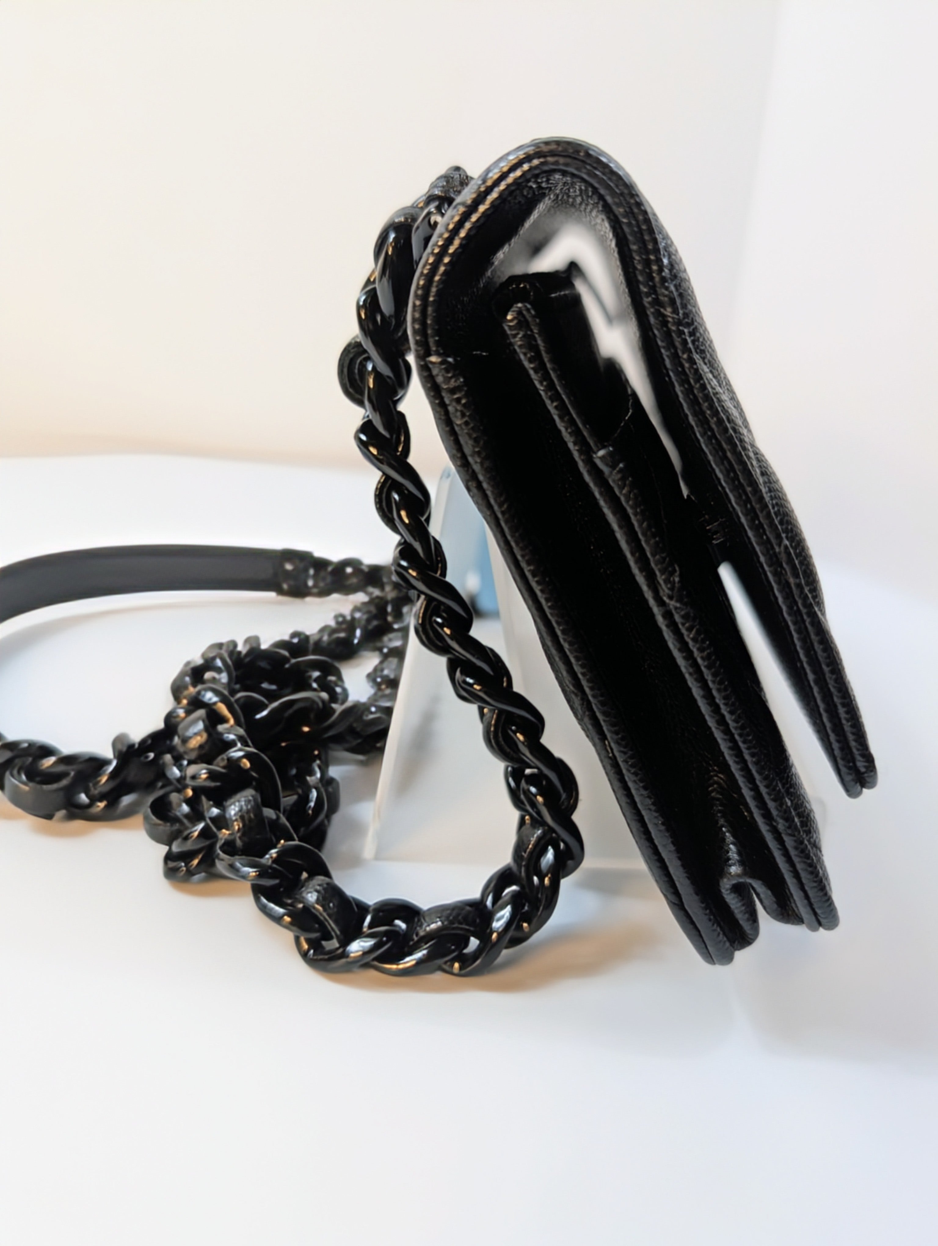 Chanel "So Black" Quilted Caviar Leather Wallet on Chain (WOC)