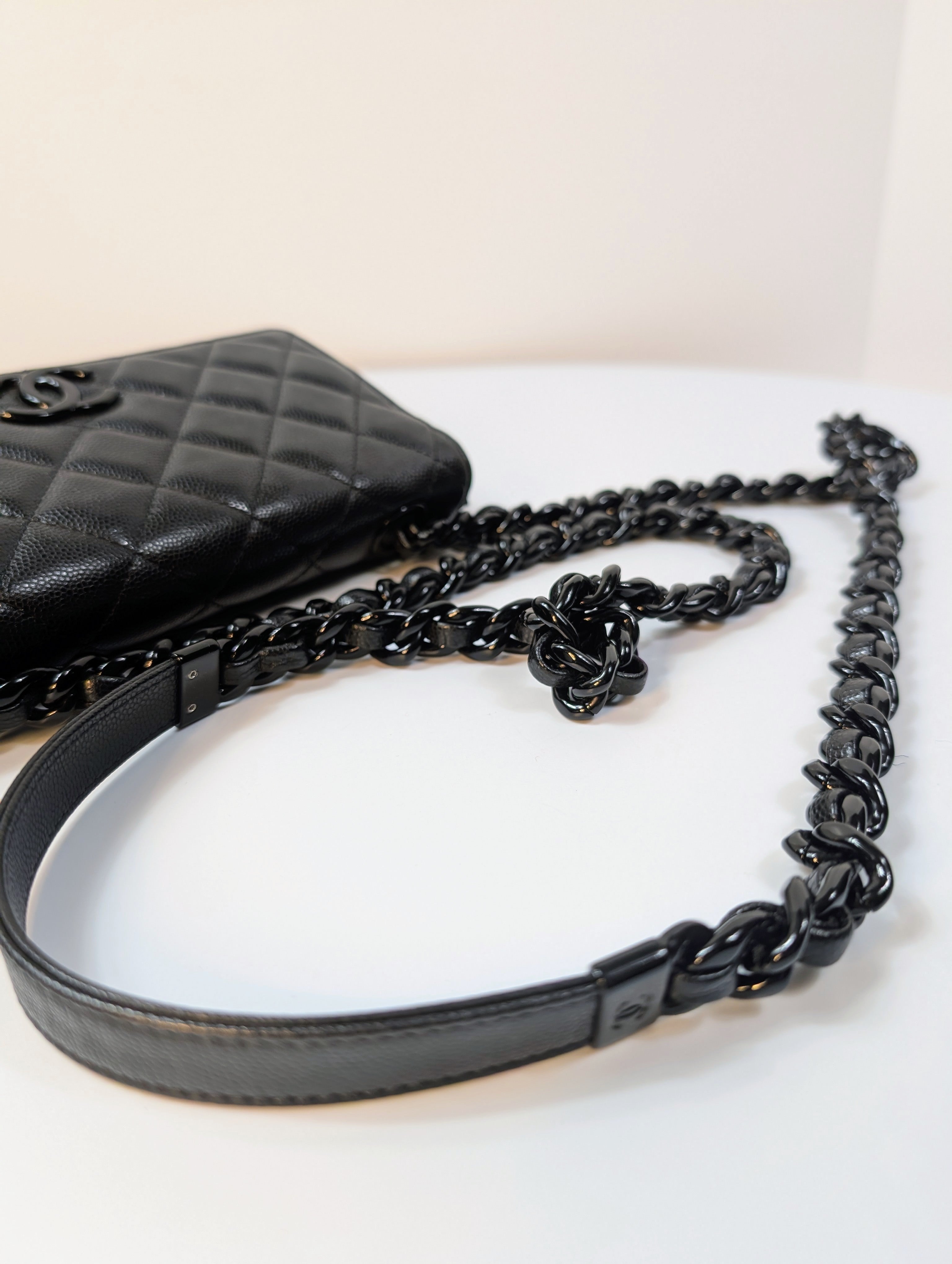 Chanel "So Black" Quilted Caviar Leather Wallet on Chain (WOC)