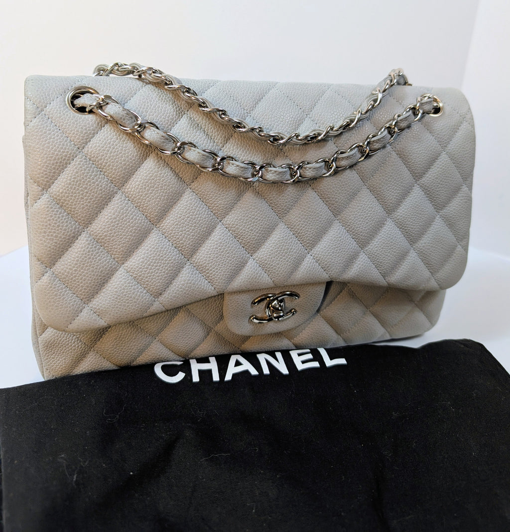 Chanel Classic Jumbo Light Gray Blue Quilted Caviar Double Flap Bag