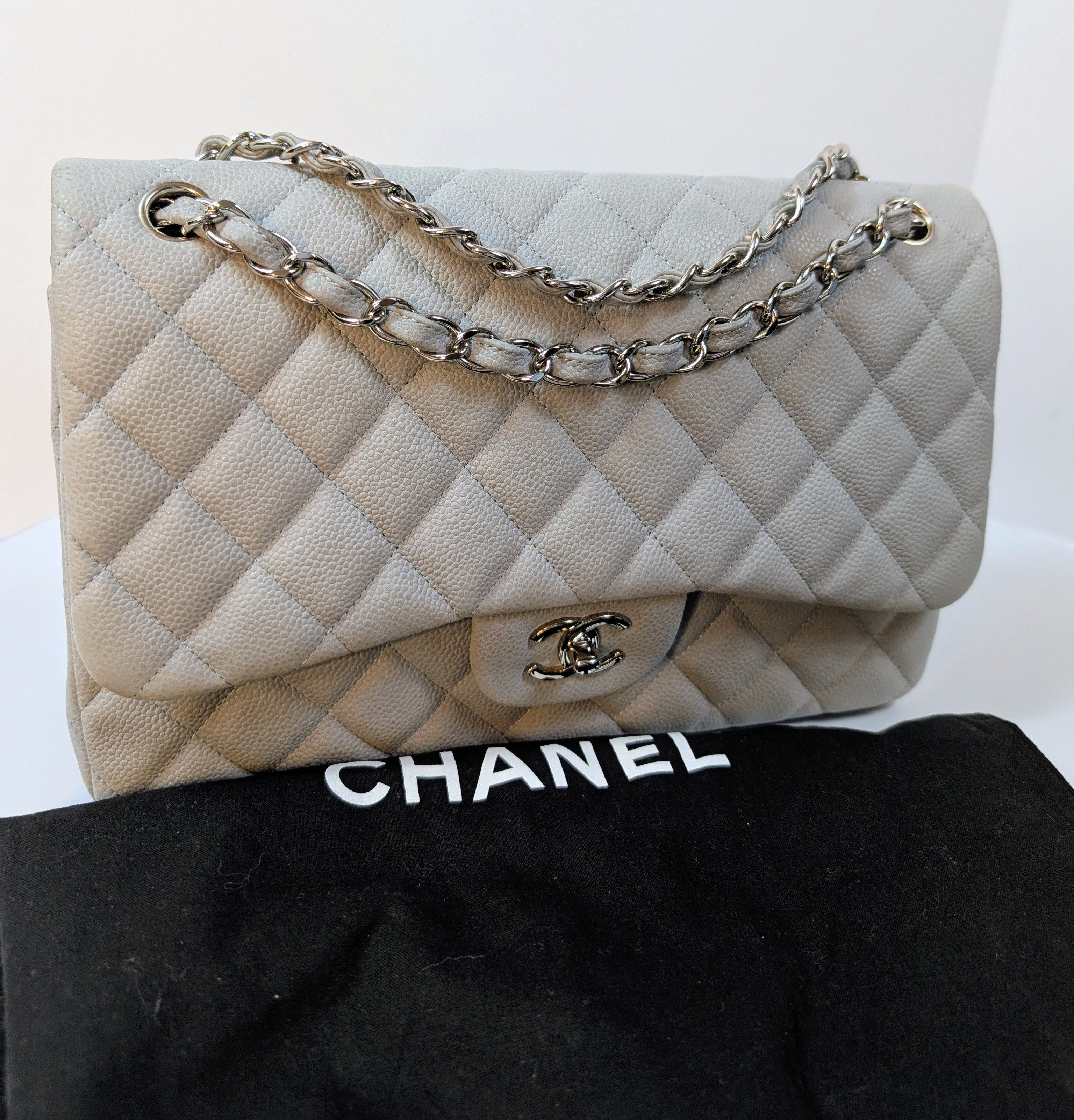 Chanel Classic Jumbo Light Gray Blue Quilted Caviar Double Flap Bag