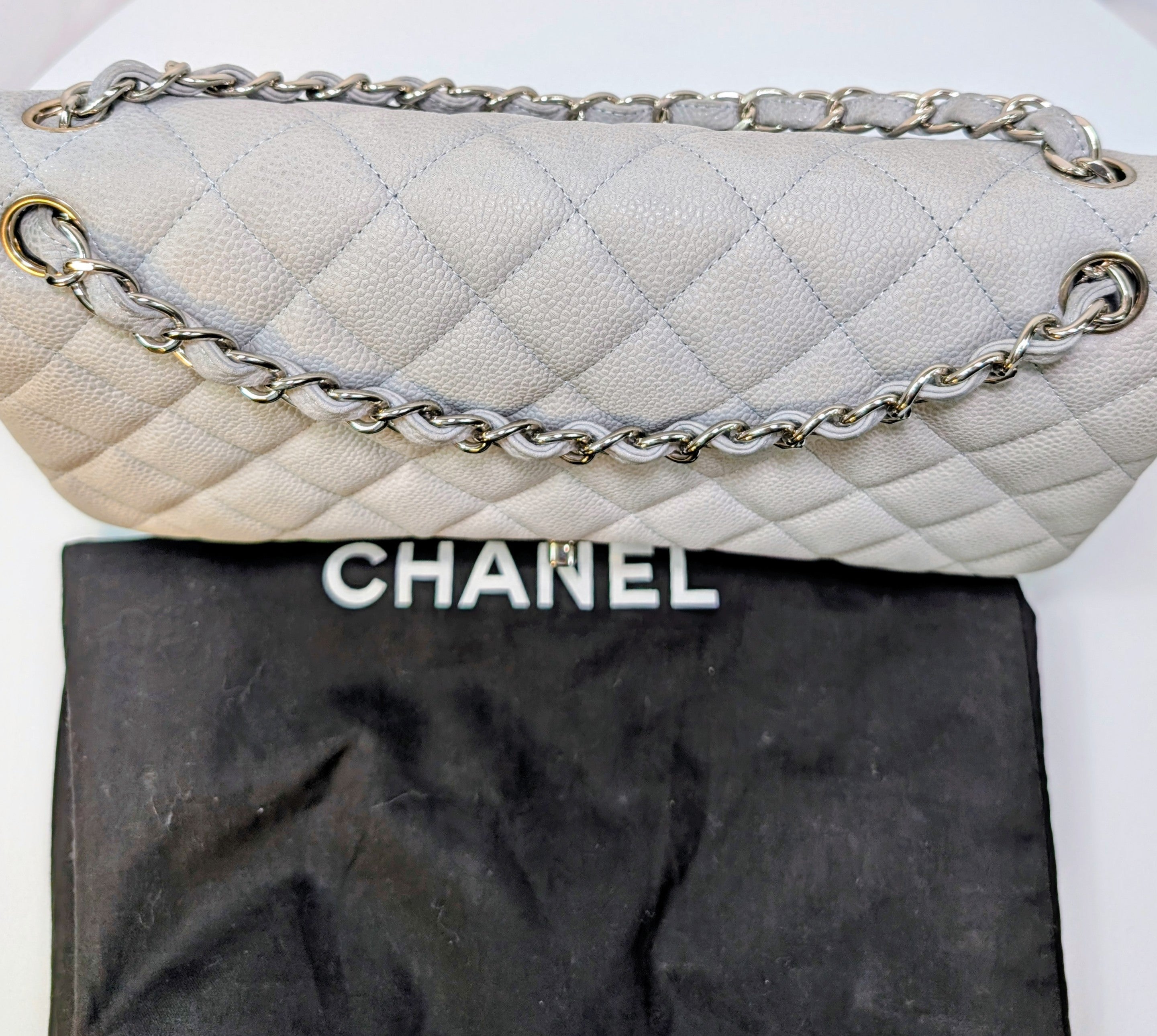 Chanel Classic Jumbo Light Gray Blue Quilted Caviar Double Flap Bag