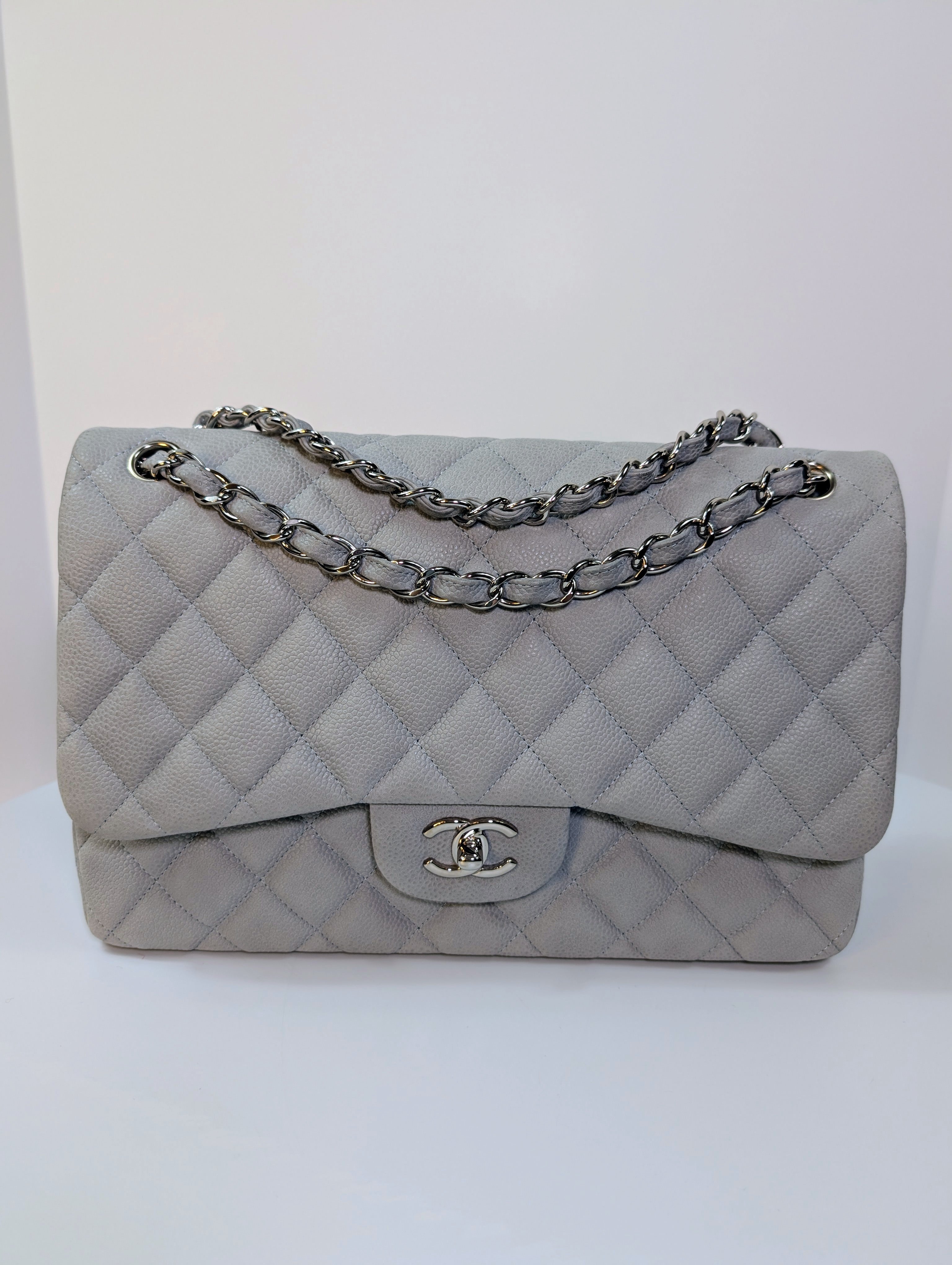 Chanel Classic Jumbo Light Gray Blue Quilted Caviar Double Flap Bag