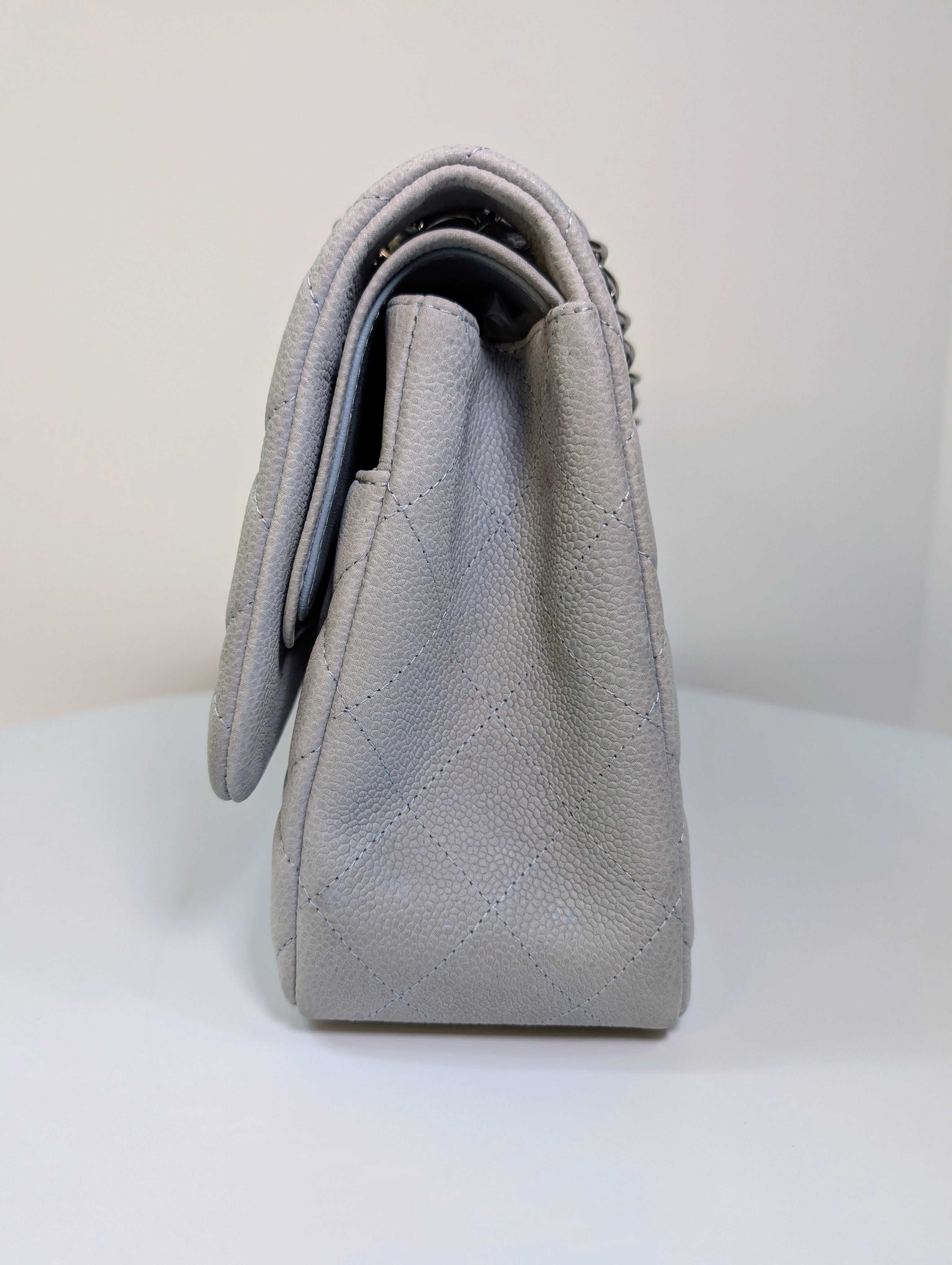 Chanel Classic Jumbo Light Gray Blue Quilted Caviar Double Flap Bag