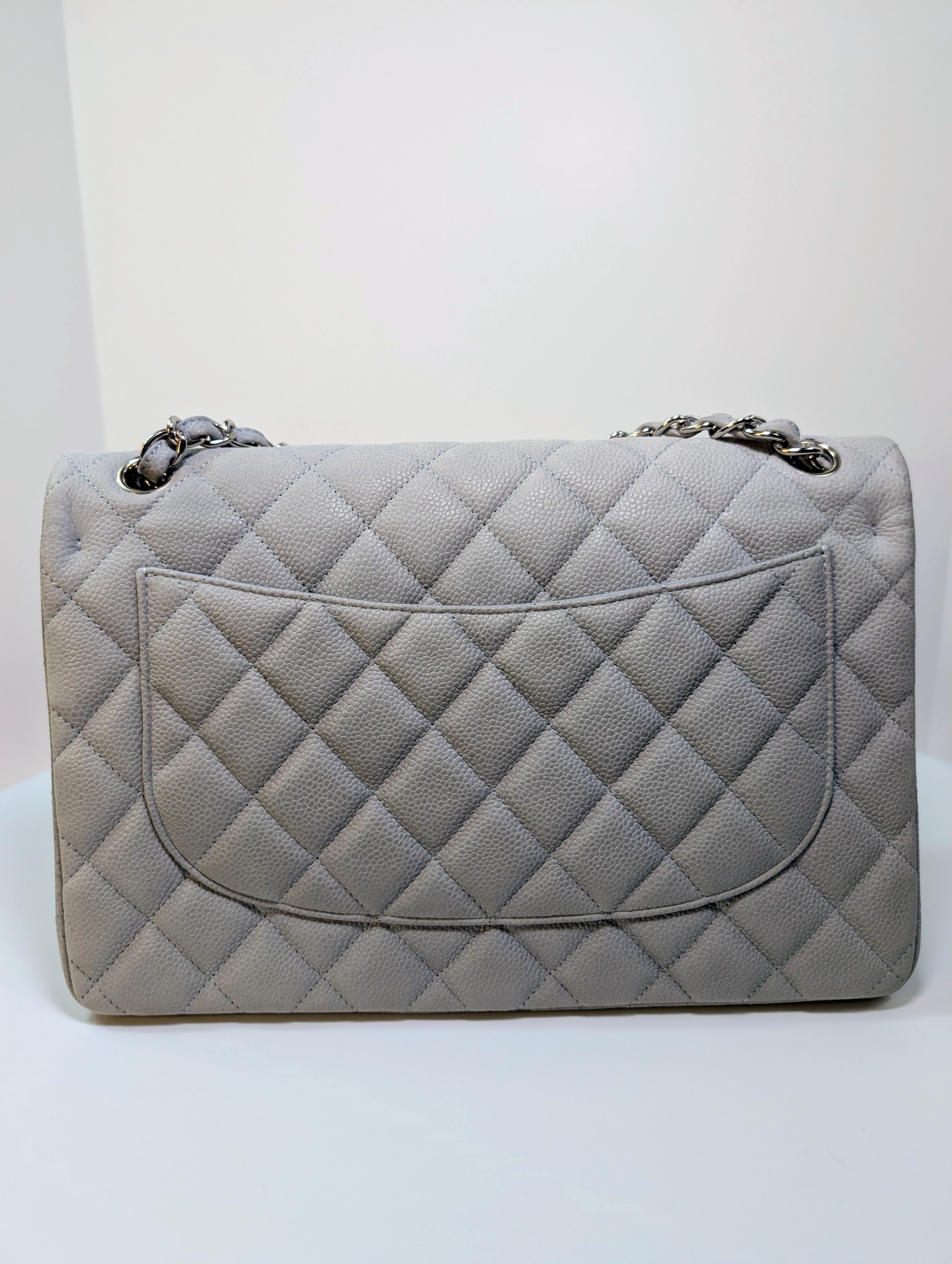 Chanel Classic Jumbo Light Gray Blue Quilted Caviar Double Flap Bag