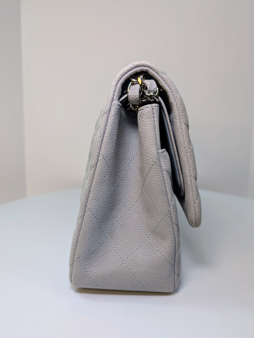 Chanel Classic Jumbo Light Gray Blue Quilted Caviar Double Flap Bag