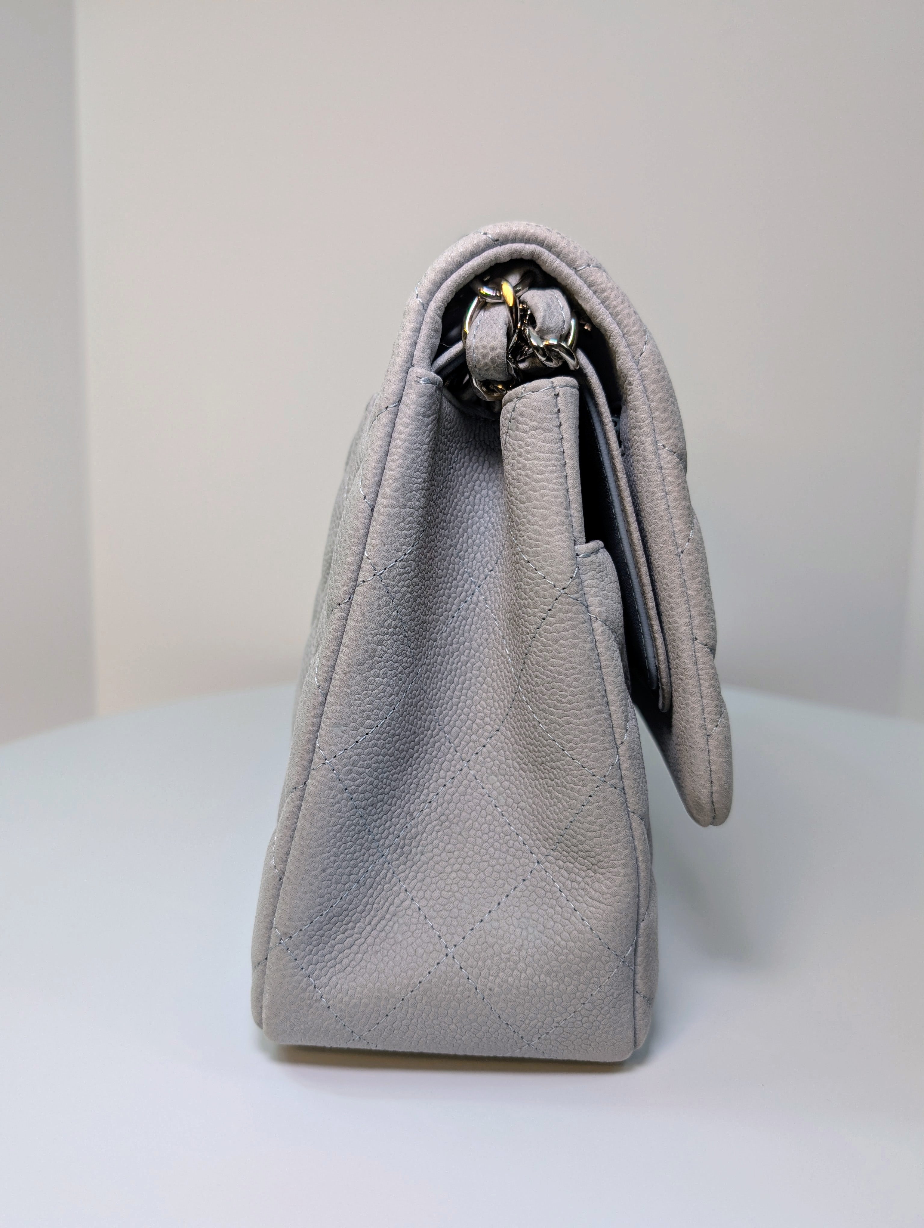 Chanel Classic Jumbo Light Gray Blue Quilted Caviar Double Flap Bag