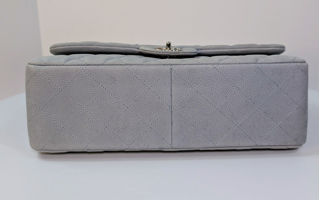 Chanel Classic Jumbo Light Gray Blue Quilted Caviar Double Flap Bag