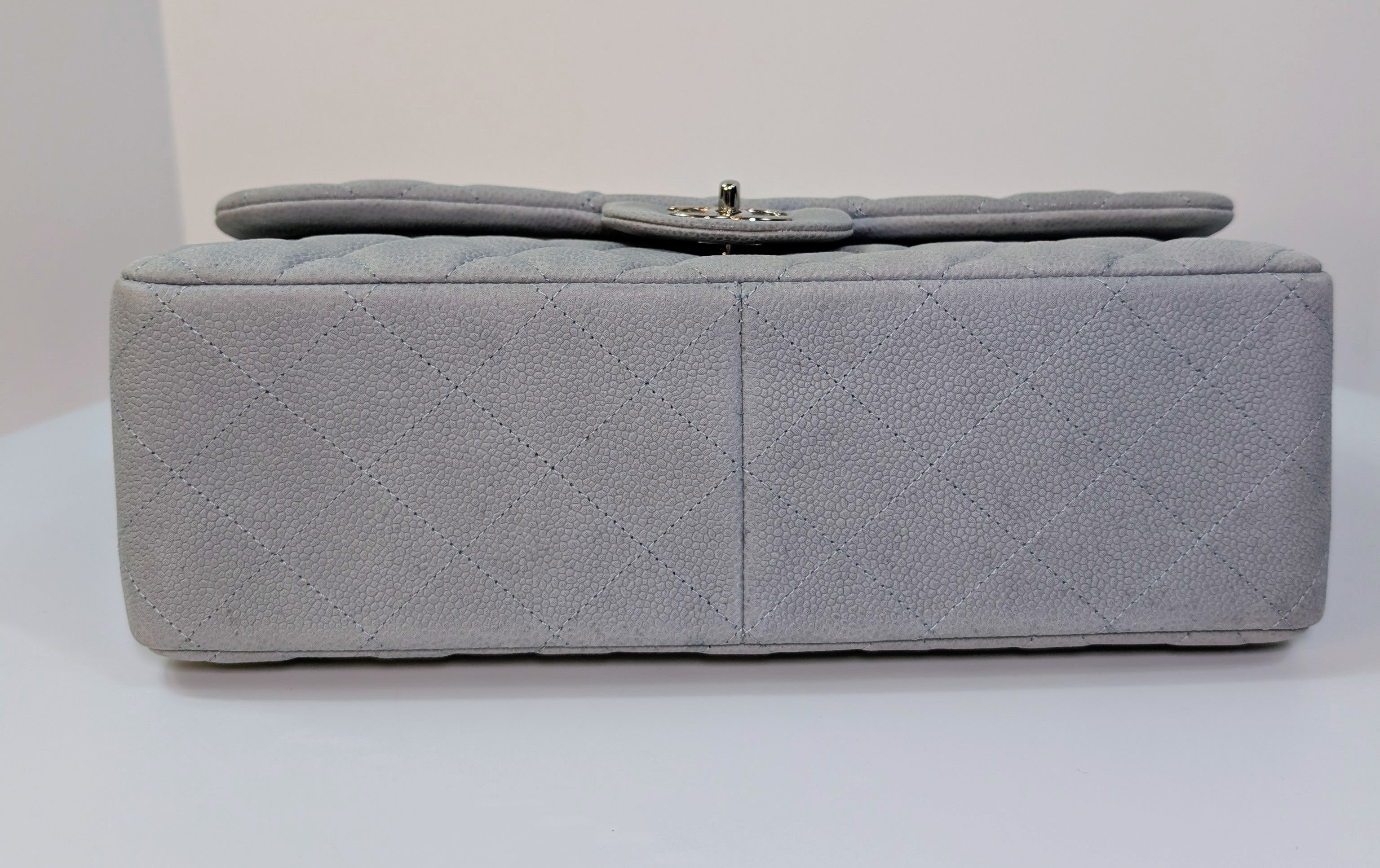 Chanel Classic Jumbo Light Gray Blue Quilted Caviar Double Flap Bag