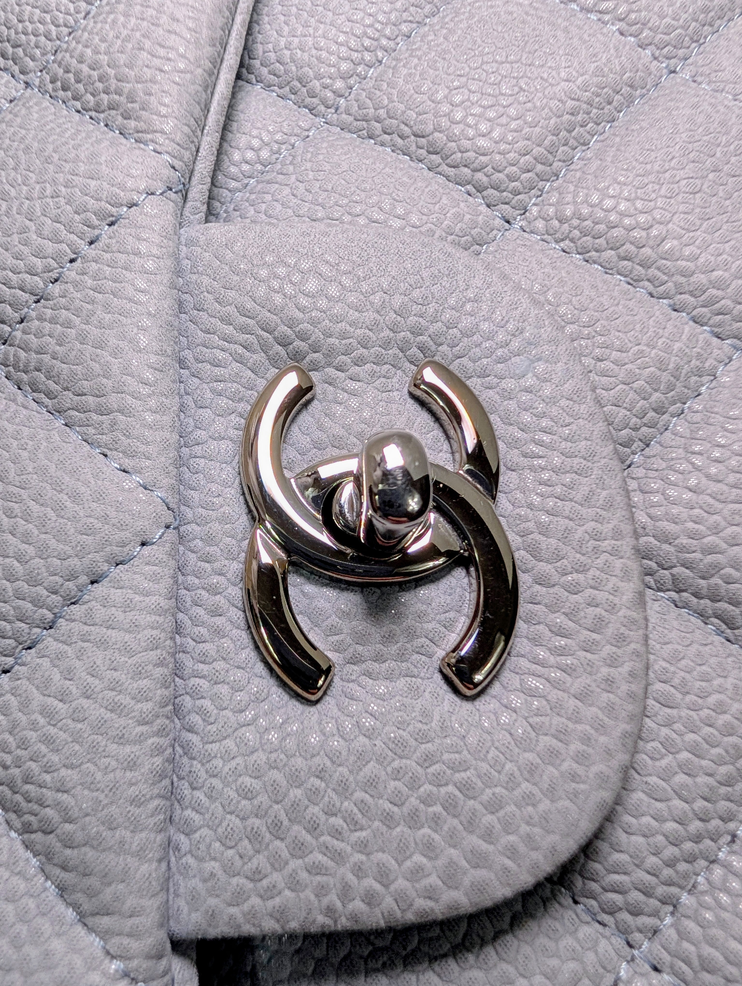 Chanel Classic Jumbo Light Gray Blue Quilted Caviar Double Flap Bag