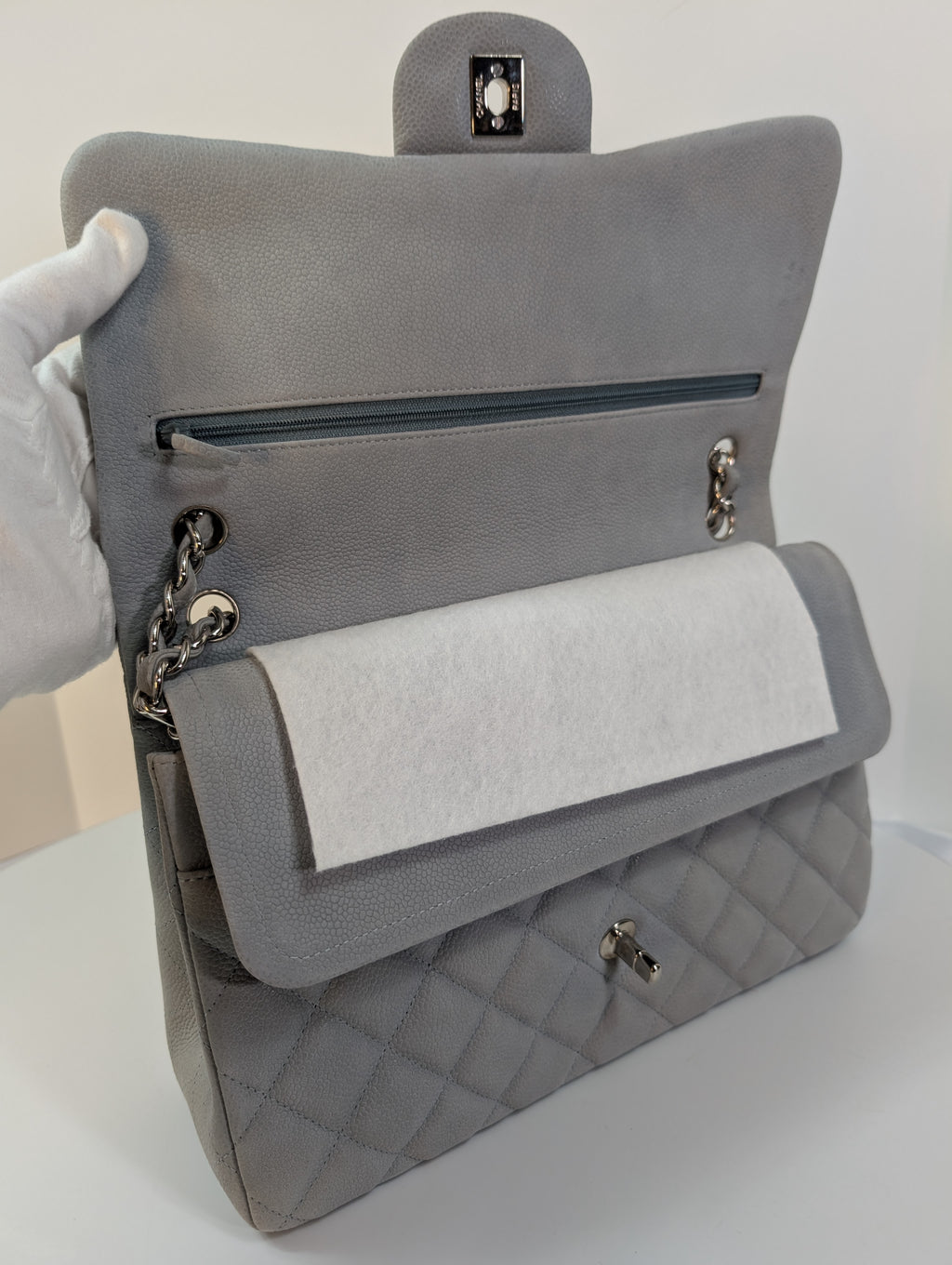 Chanel Classic Jumbo Light Gray Blue Quilted Caviar Double Flap Bag