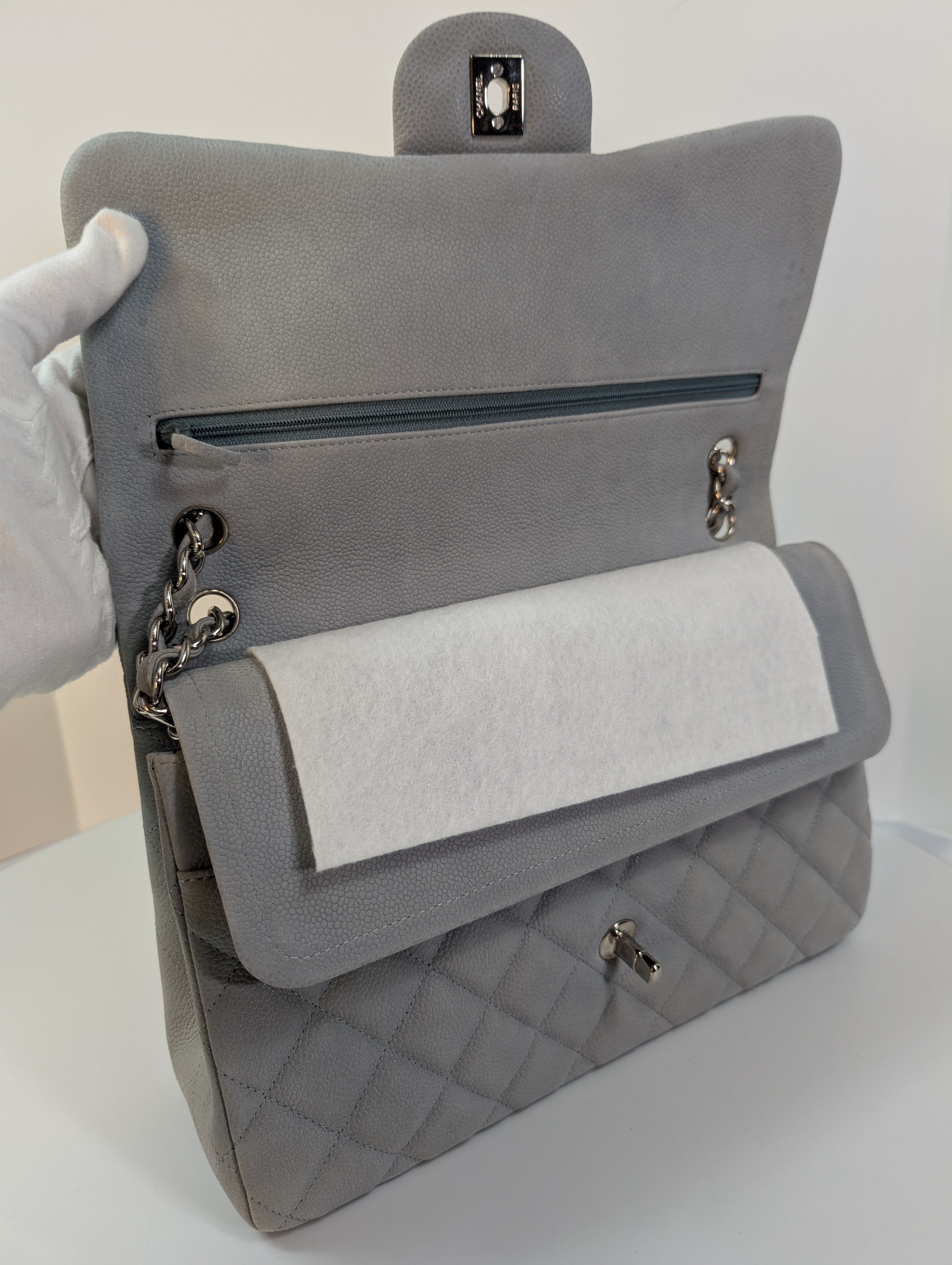 Chanel Classic Jumbo Light Gray Blue Quilted Caviar Double Flap Bag
