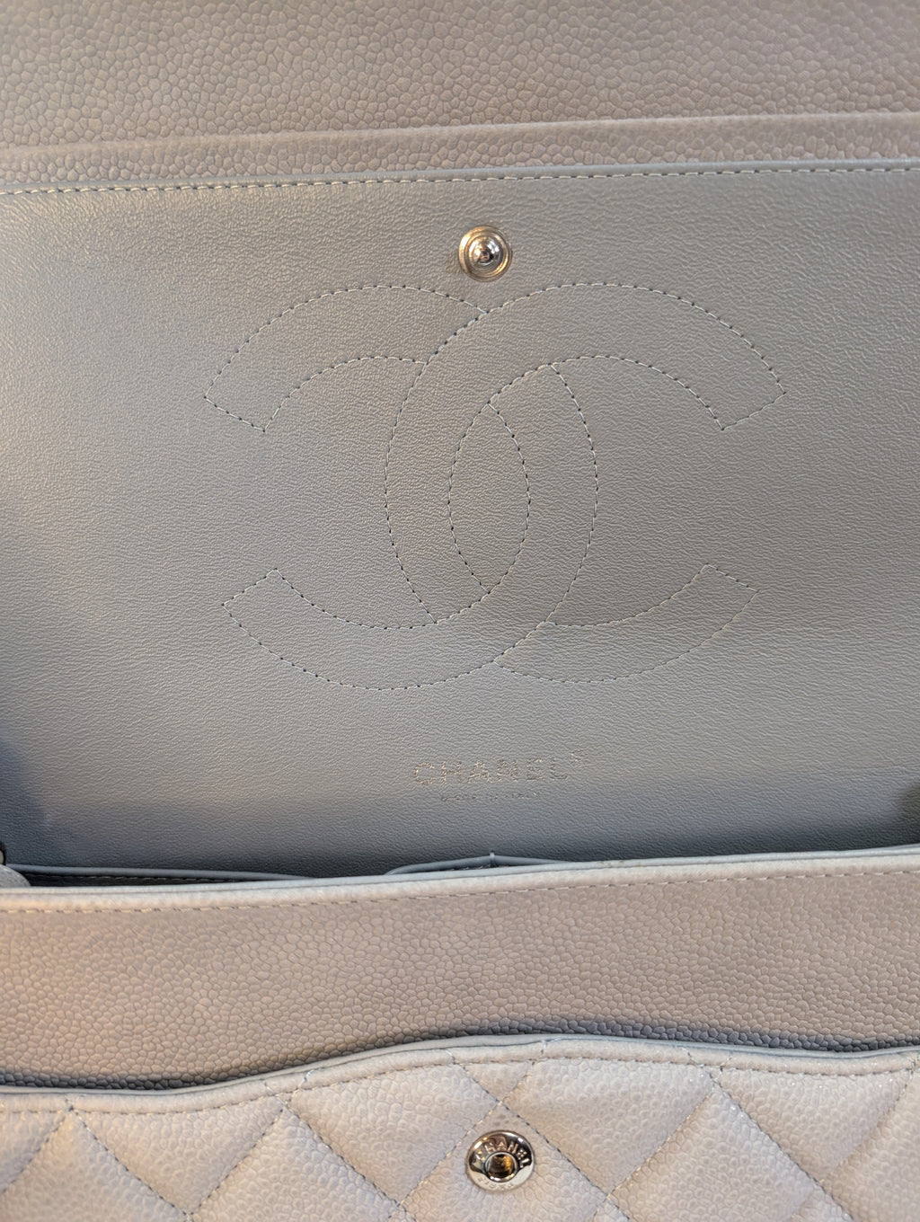 Chanel Classic Jumbo Light Gray Blue Quilted Caviar Double Flap Bag
