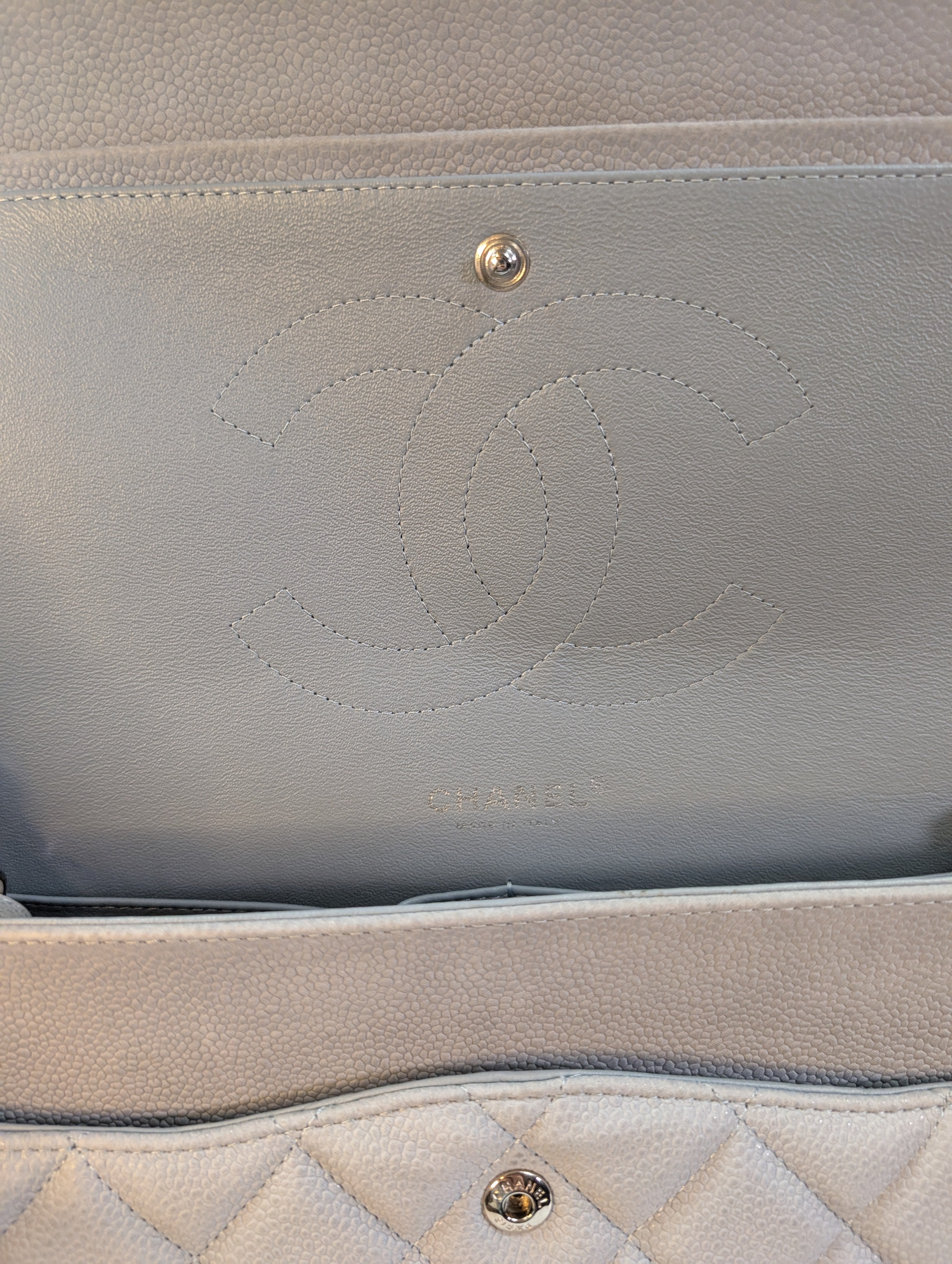 Chanel Classic Jumbo Light Gray Blue Quilted Caviar Double Flap Bag