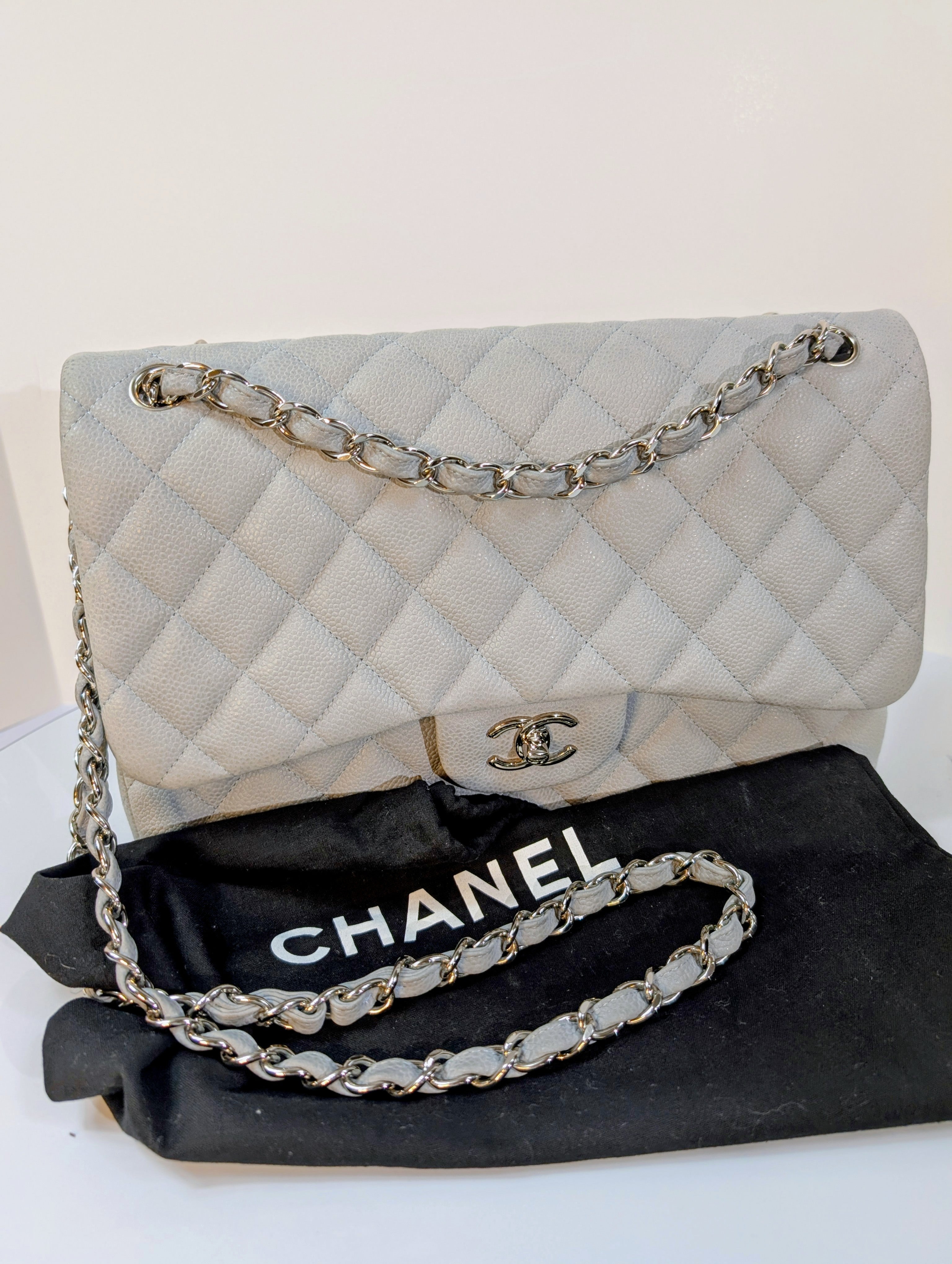 Chanel Classic Jumbo Light Gray Blue Quilted Caviar Double Flap Bag