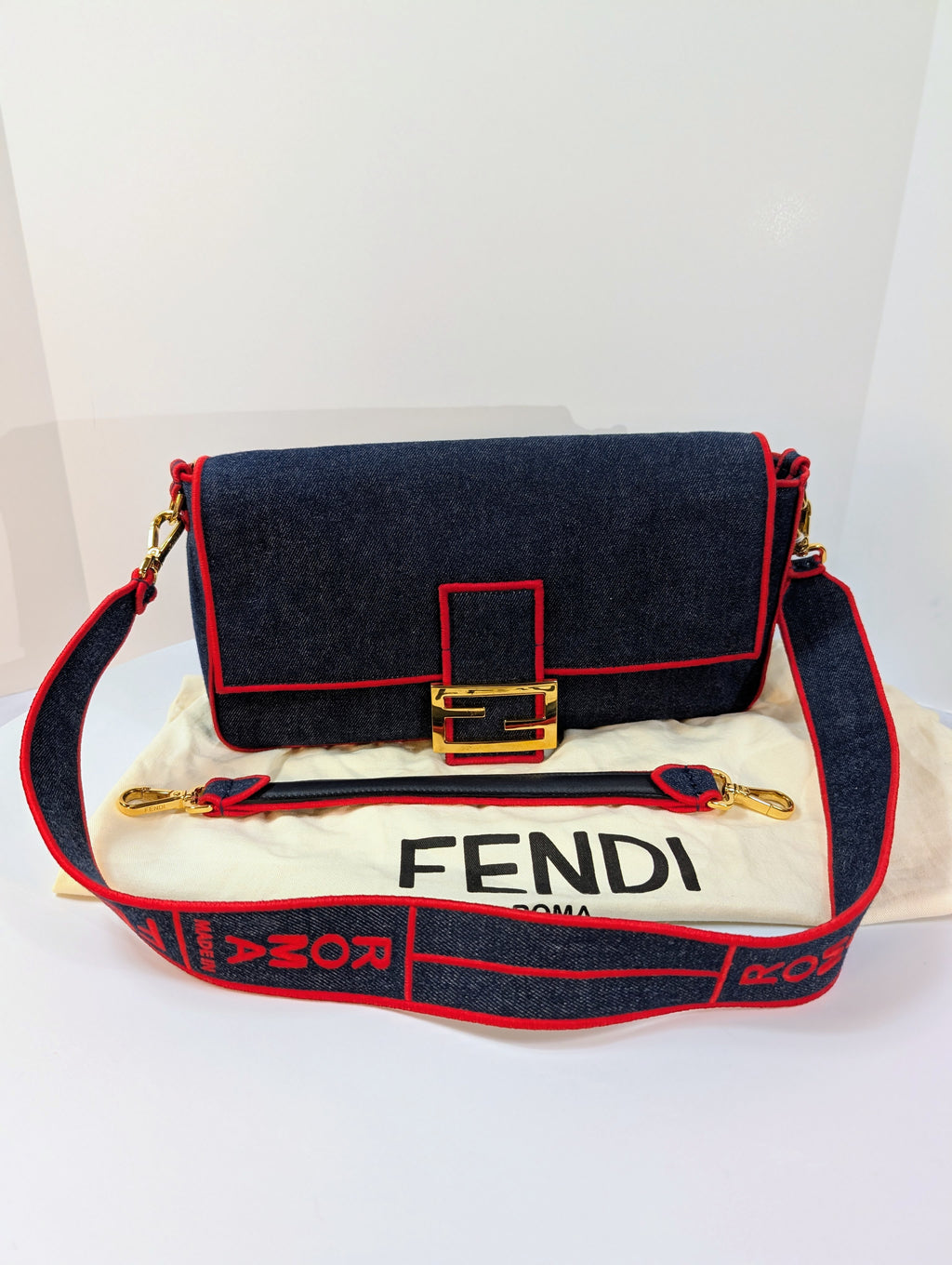 Fendi Blue Denim and Red Trim Baguette Bag with Two Straps