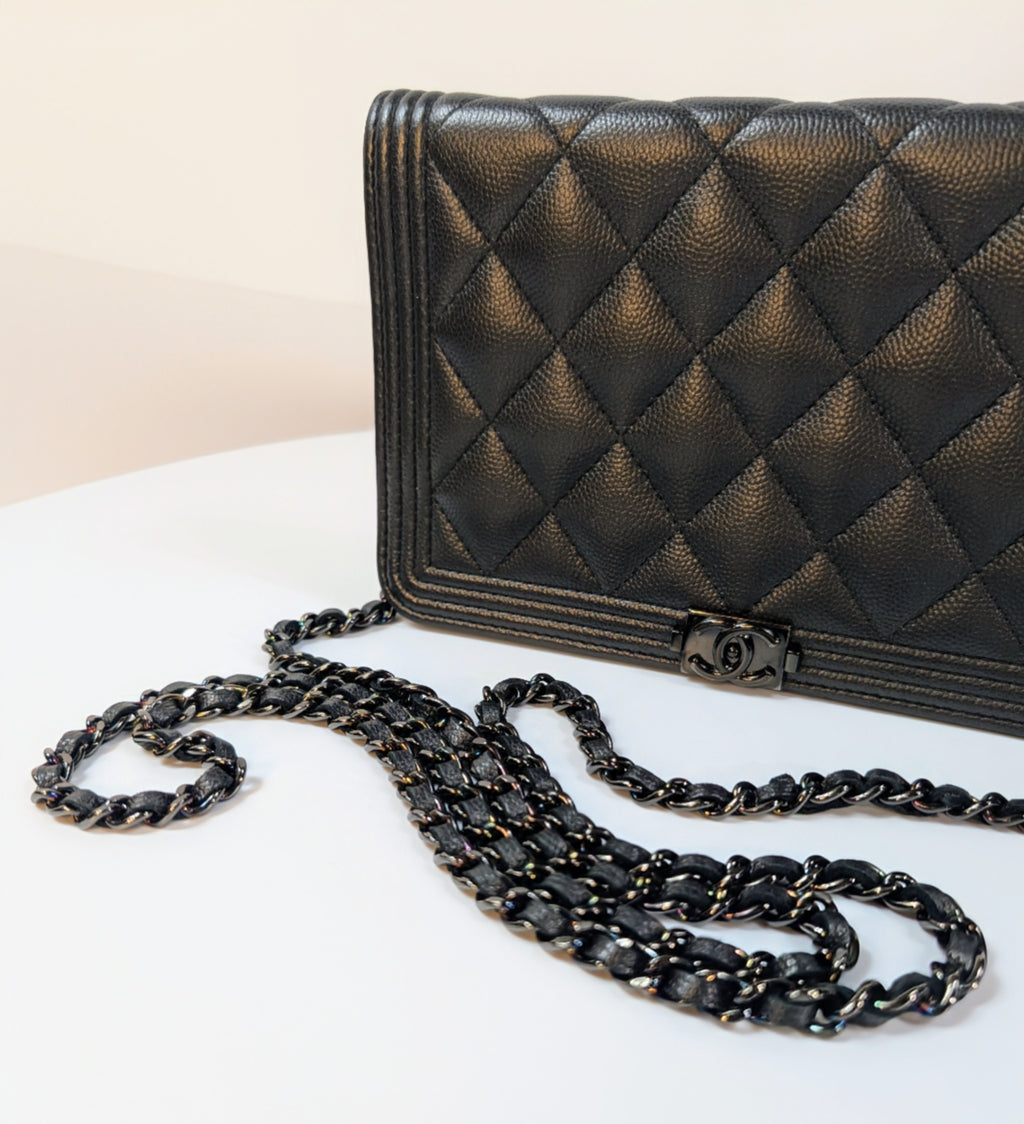 Chanel So Black Quilted Caviar Boy Wallet on Chain (WOC)