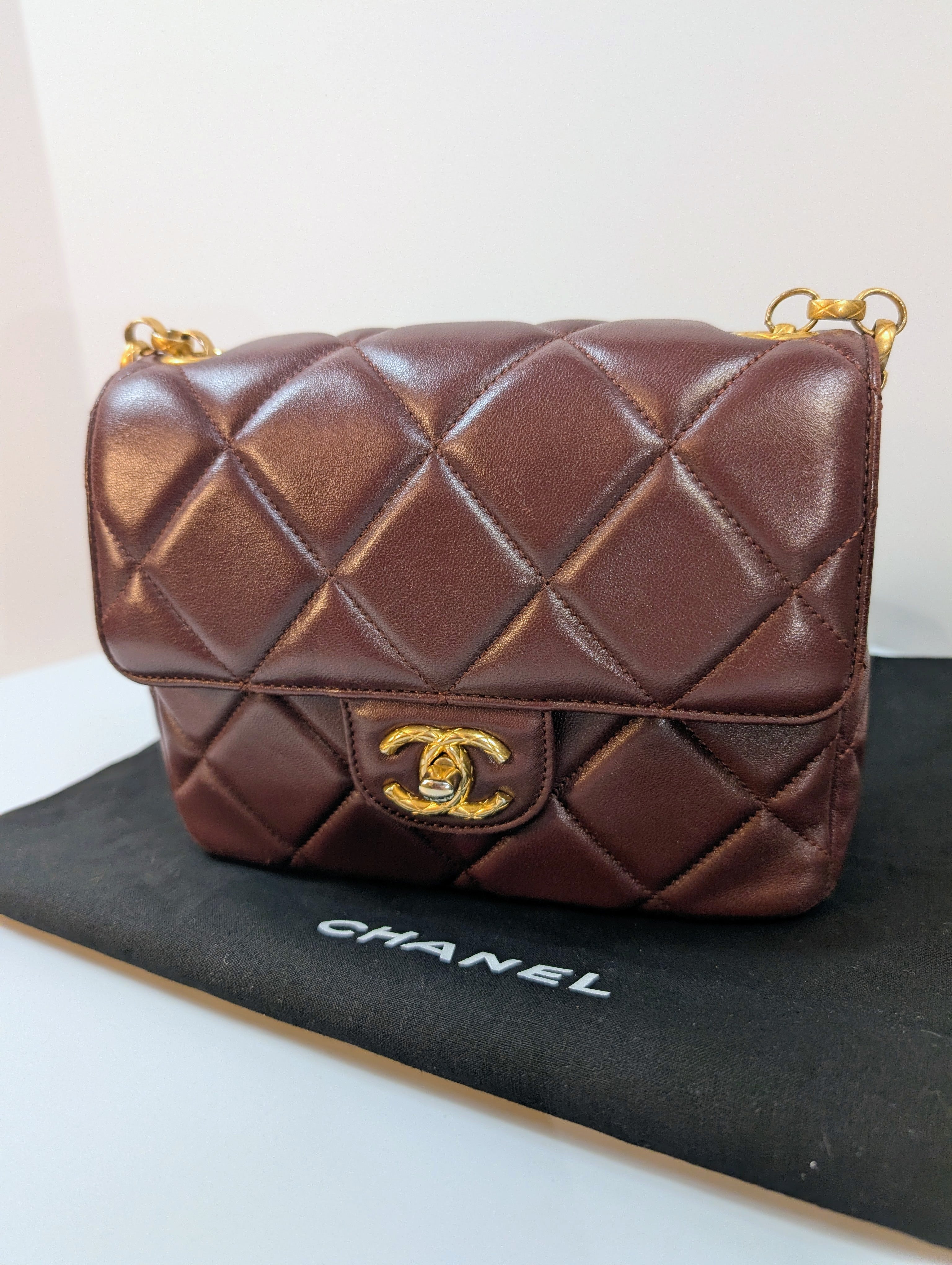 Chanel Bordeaux (Burgundy) Quilted Lambskin Bijoux Logo Chain Square Flap Bag