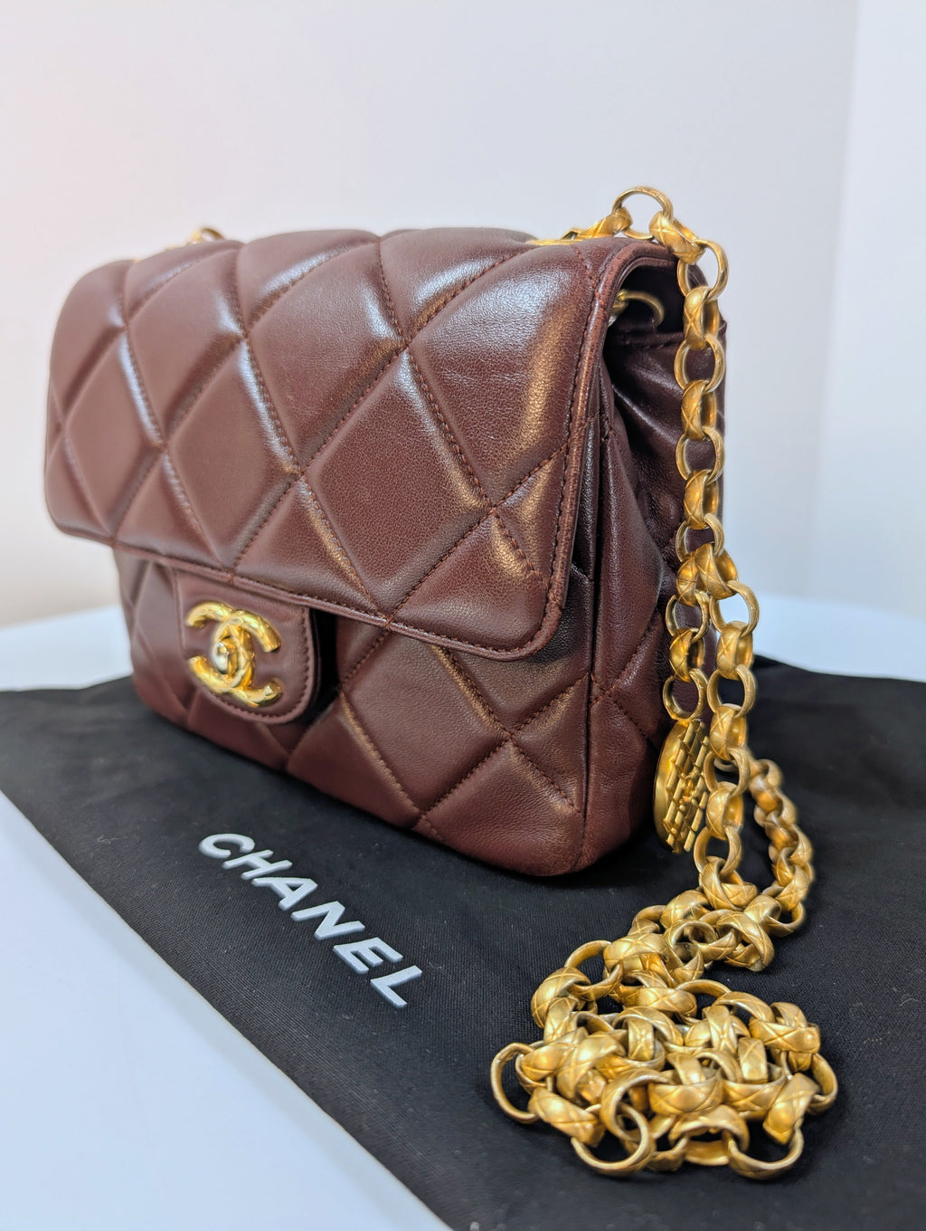 Chanel Bordeaux (Burgundy) Quilted Lambskin Bijoux Logo Chain Square Flap Bag