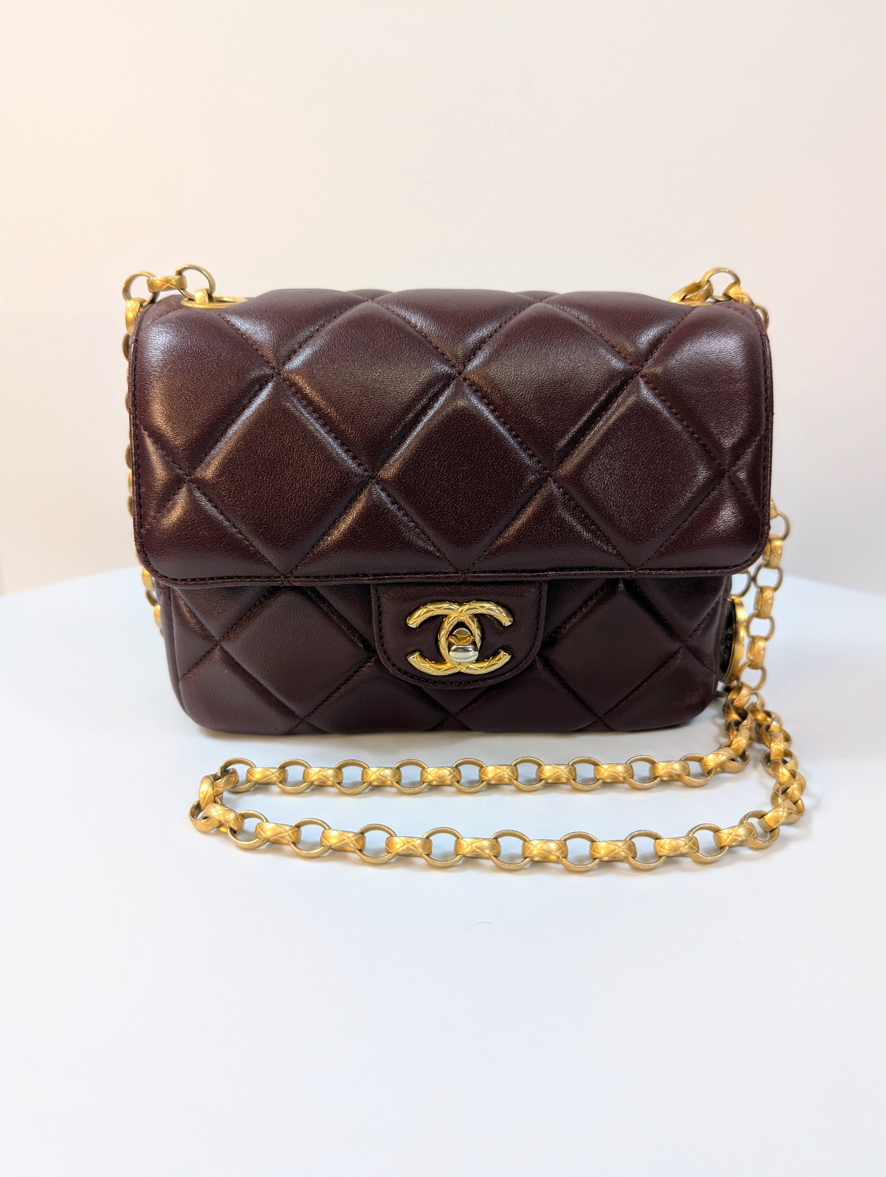 Chanel Bordeaux (Burgundy) Quilted Lambskin Bijoux Logo Chain Square Flap Bag