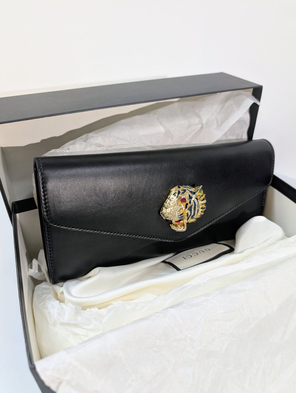 Gucci Black Rajah Broadway Smooth Leather Jeweled Tiger Head Clutch