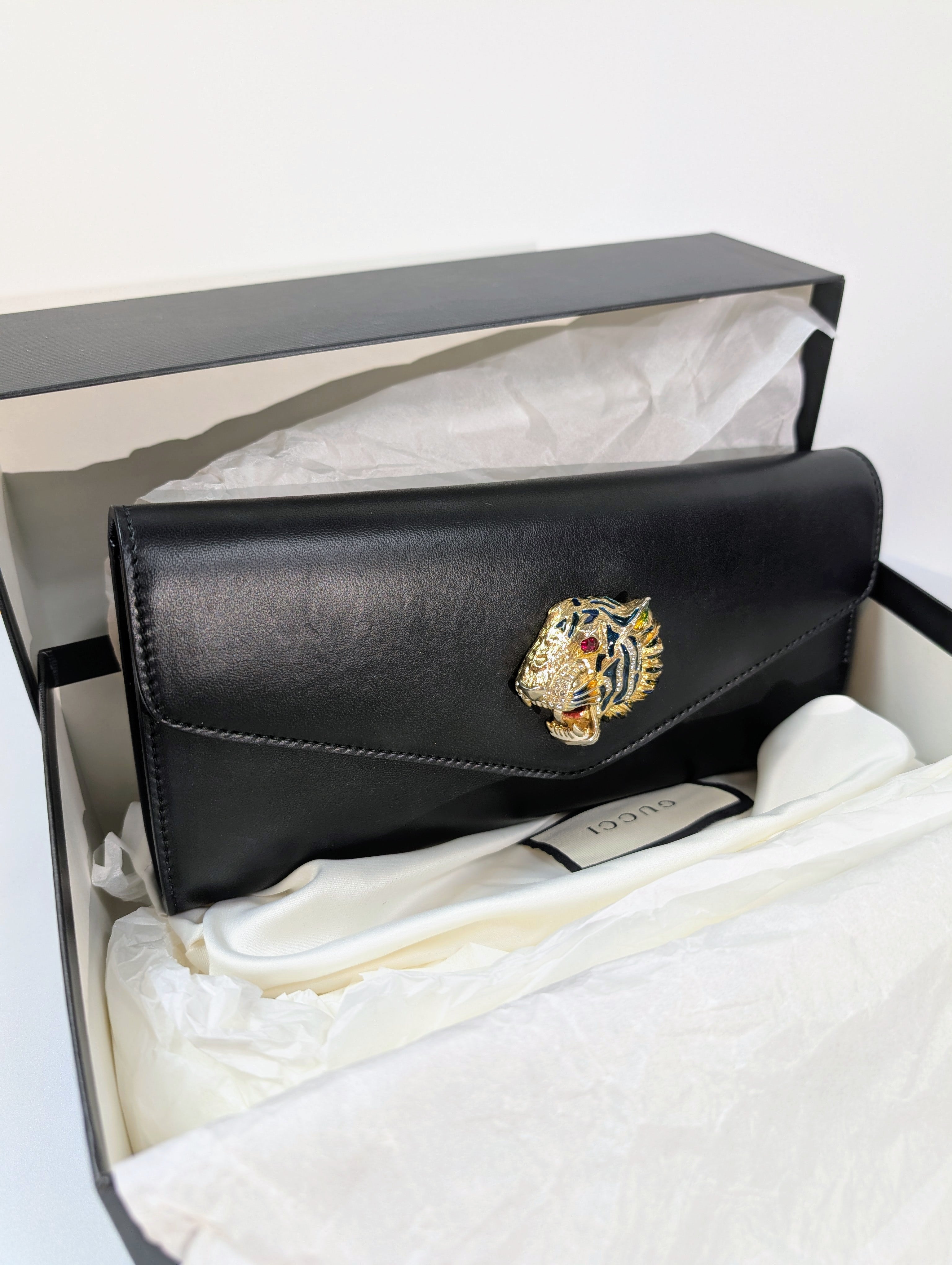 Gucci Black Rajah Broadway Smooth Leather Jeweled Tiger Head Clutch