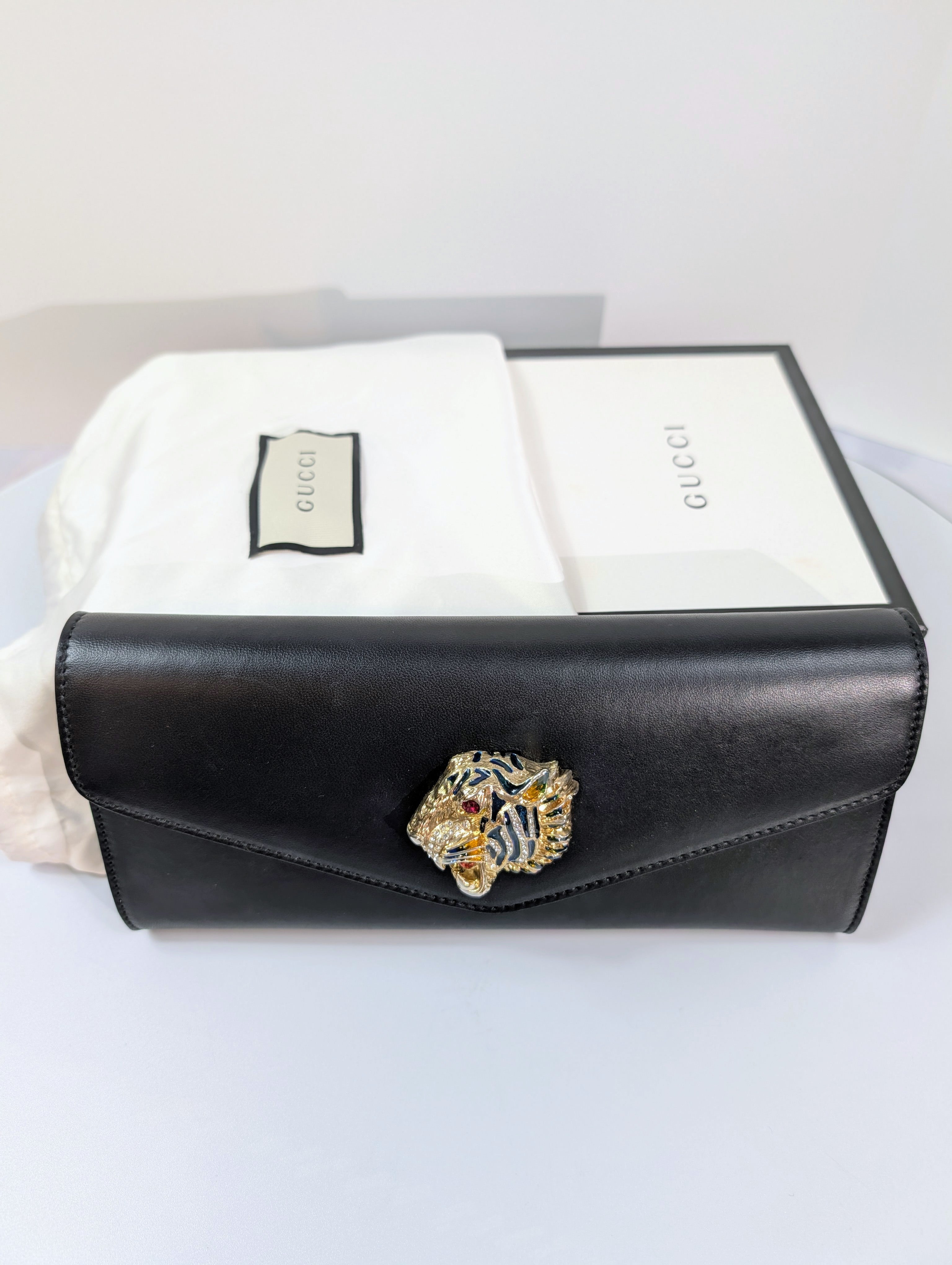 Gucci Black Rajah Broadway Smooth Leather Jeweled Tiger Head Clutch