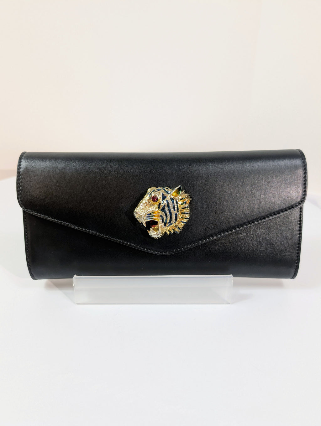 Gucci Black Rajah Broadway Smooth Leather Jeweled Tiger Head Clutch