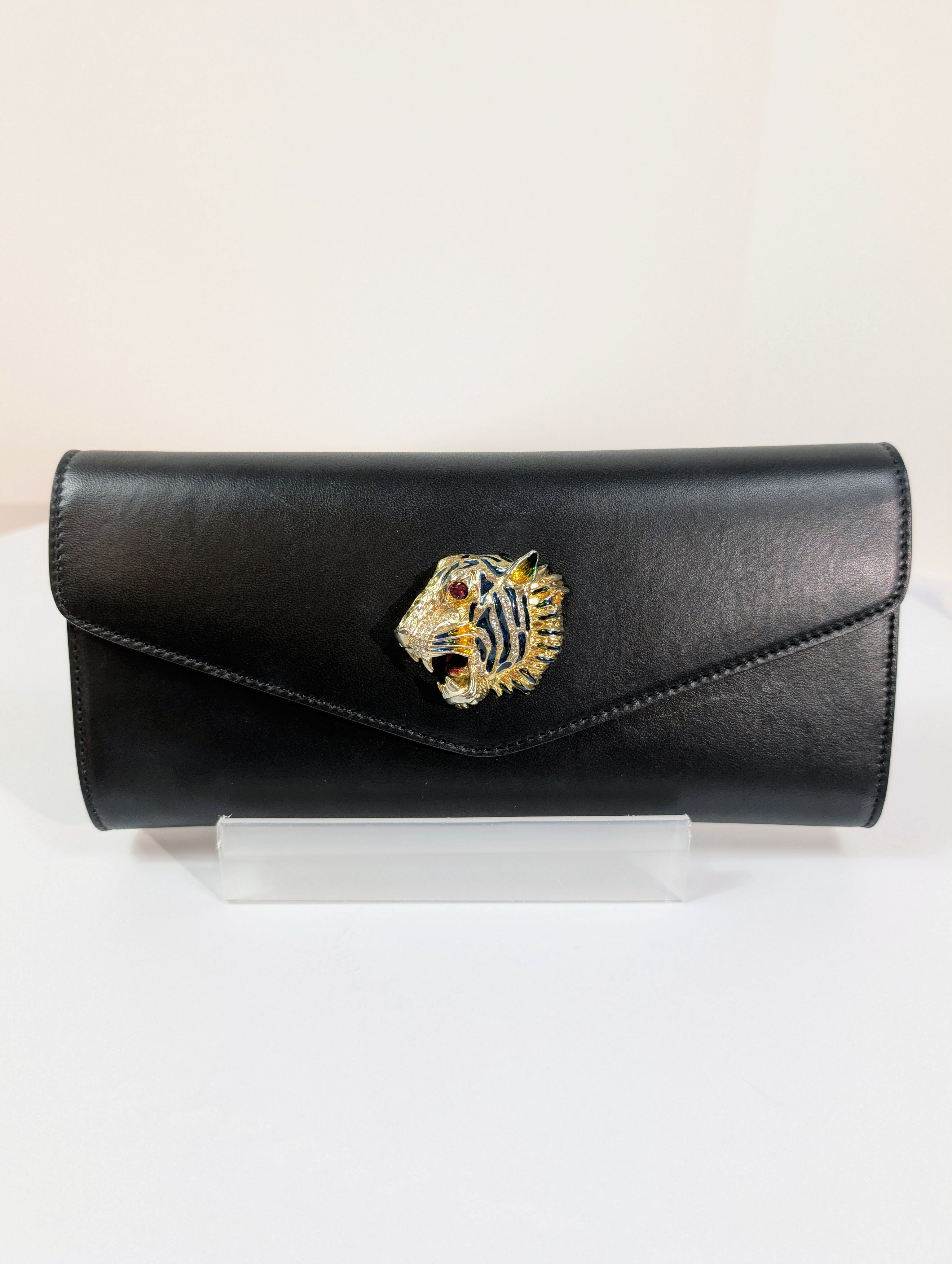 Gucci Black Rajah Broadway Smooth Leather Jeweled Tiger Head Clutch
