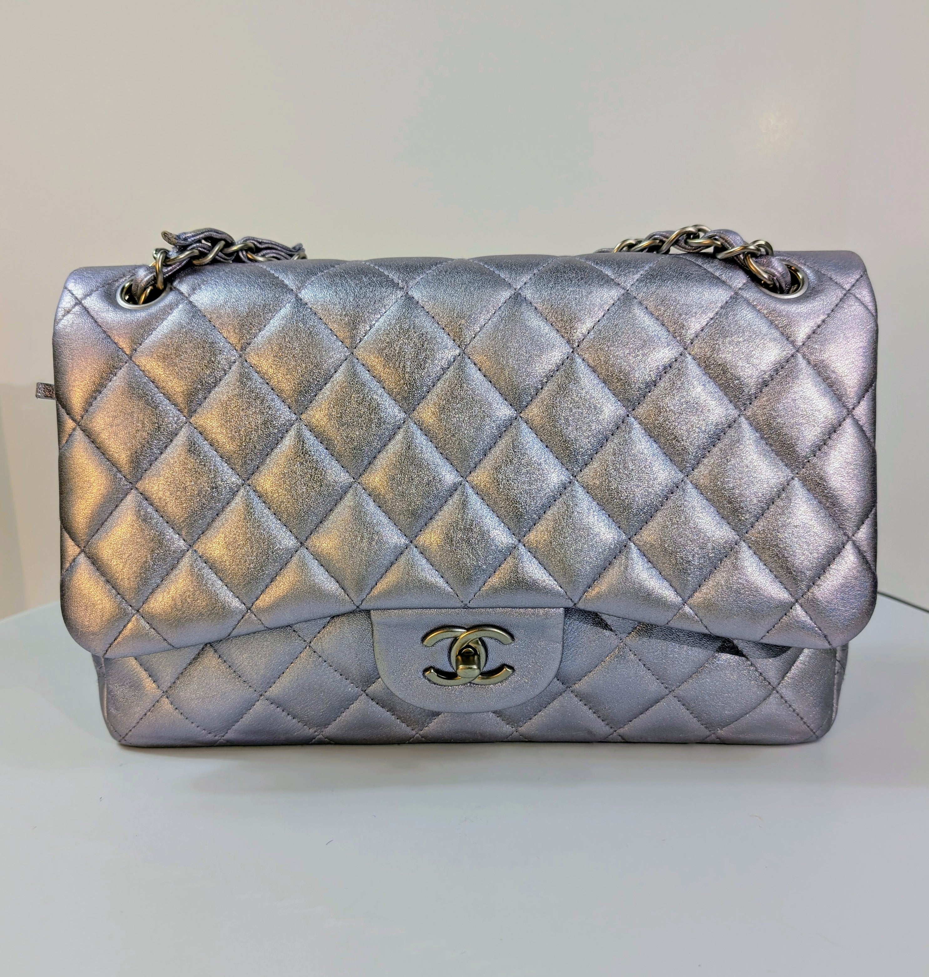 Chanel 22-Series Iridescent Silver Lambskin Classic Jumbo Double Flap Bag