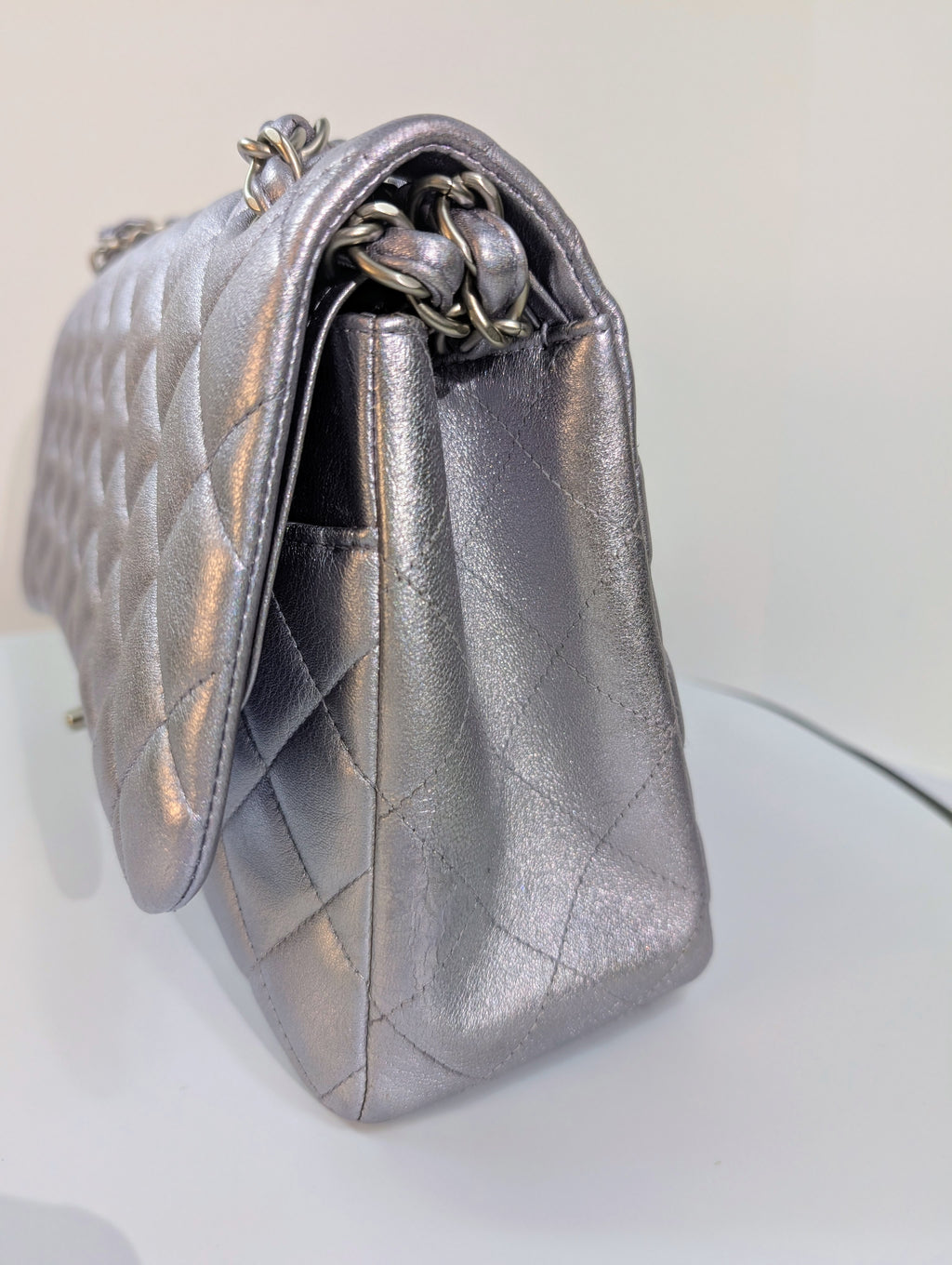 Chanel 22-Series Iridescent Silver Lambskin Classic Jumbo Double Flap Bag