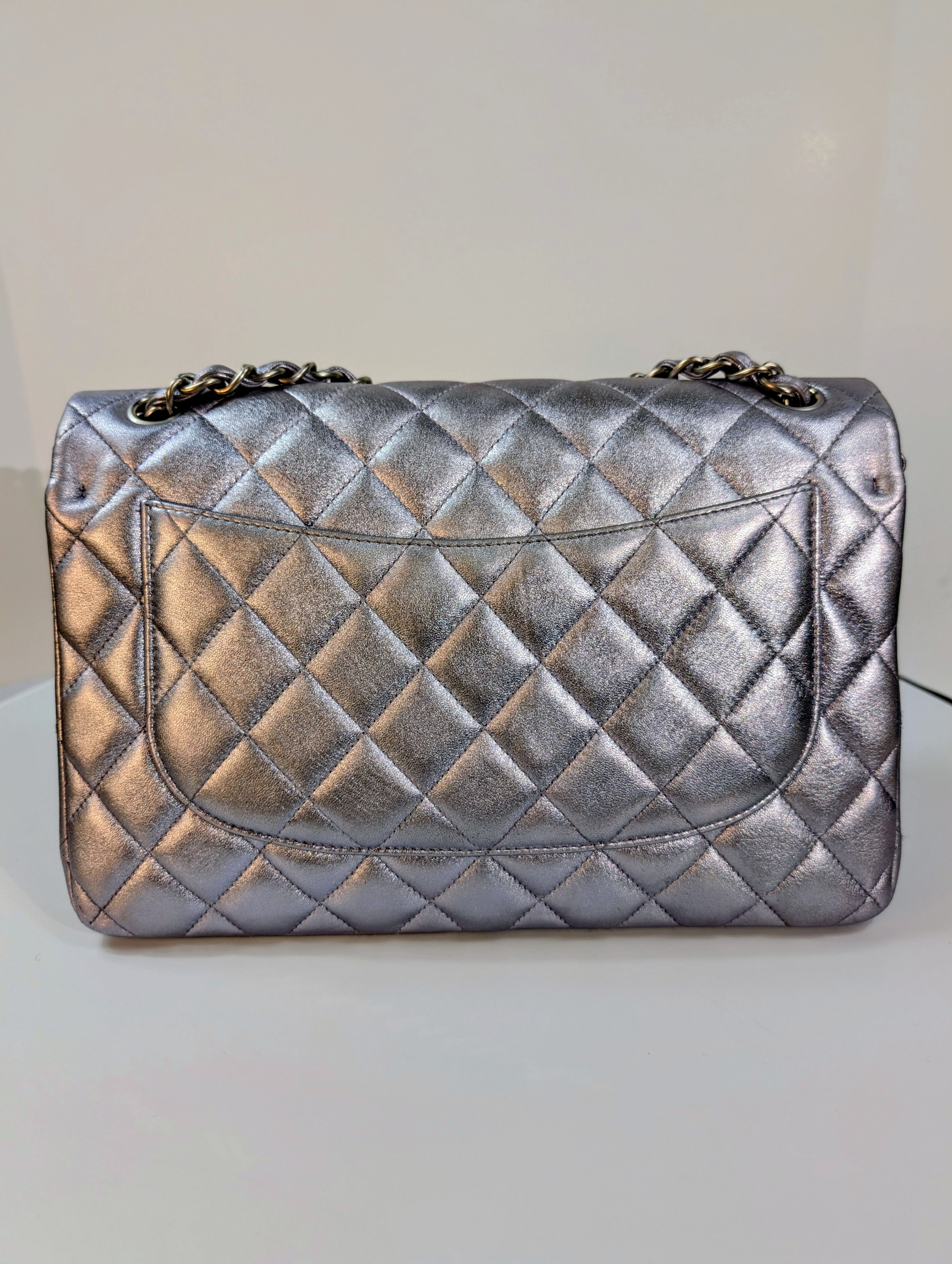 Chanel 22-Series Iridescent Silver Lambskin Classic Jumbo Double Flap Bag