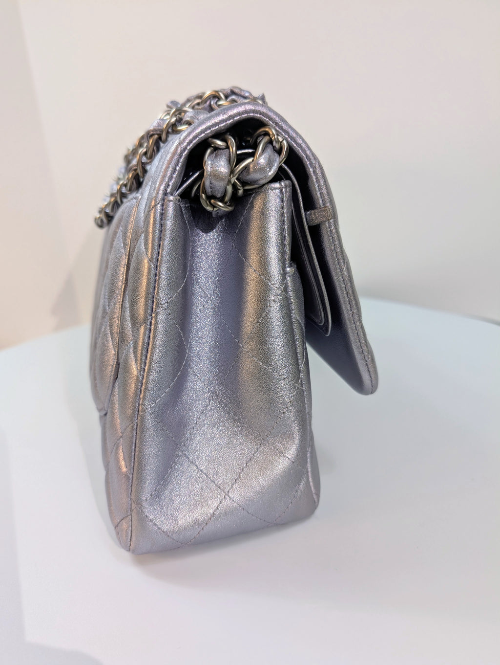Chanel 22-Series Iridescent Silver Lambskin Classic Jumbo Double Flap Bag