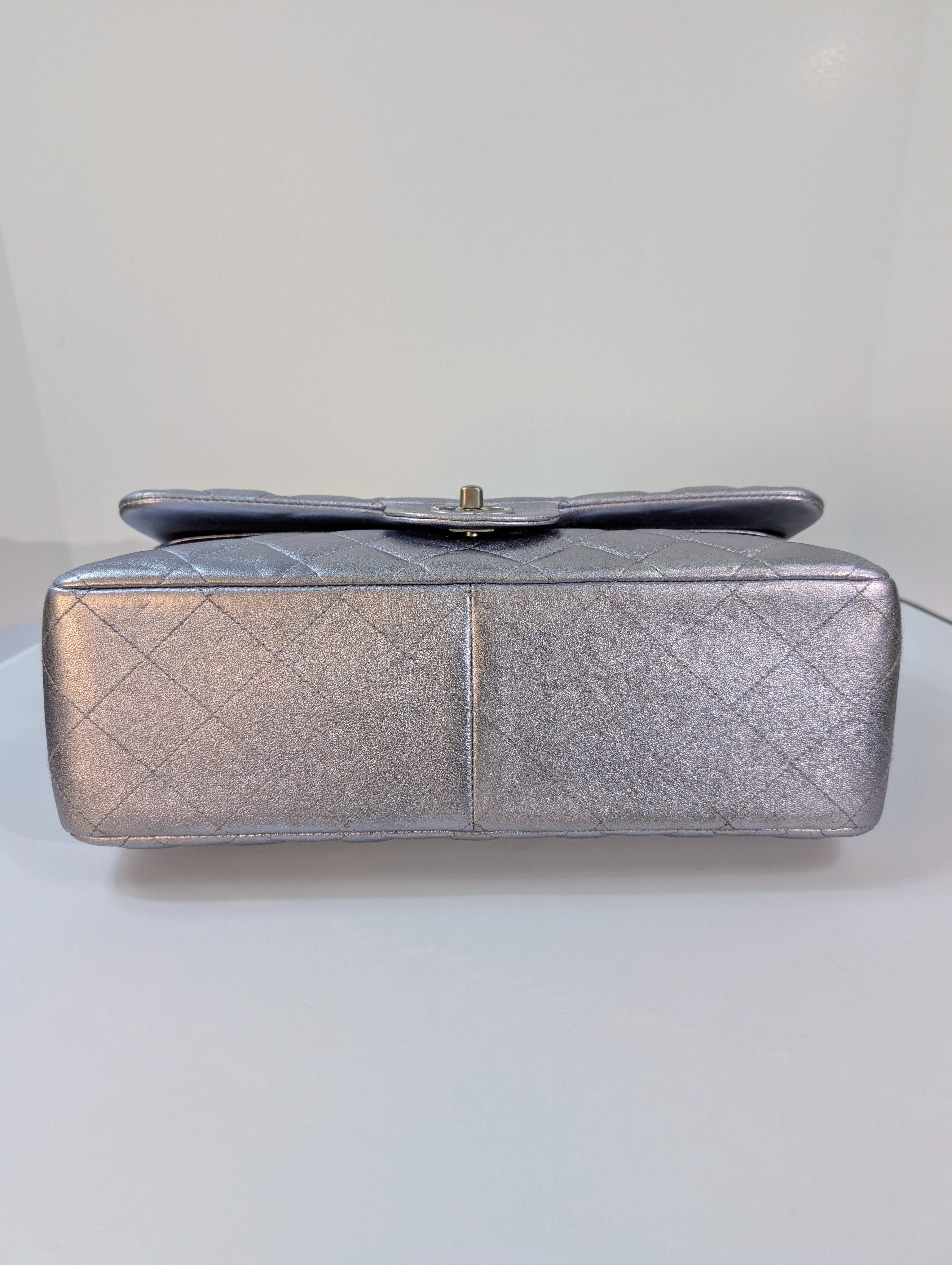 Chanel 22-Series Iridescent Silver Lambskin Classic Jumbo Double Flap Bag