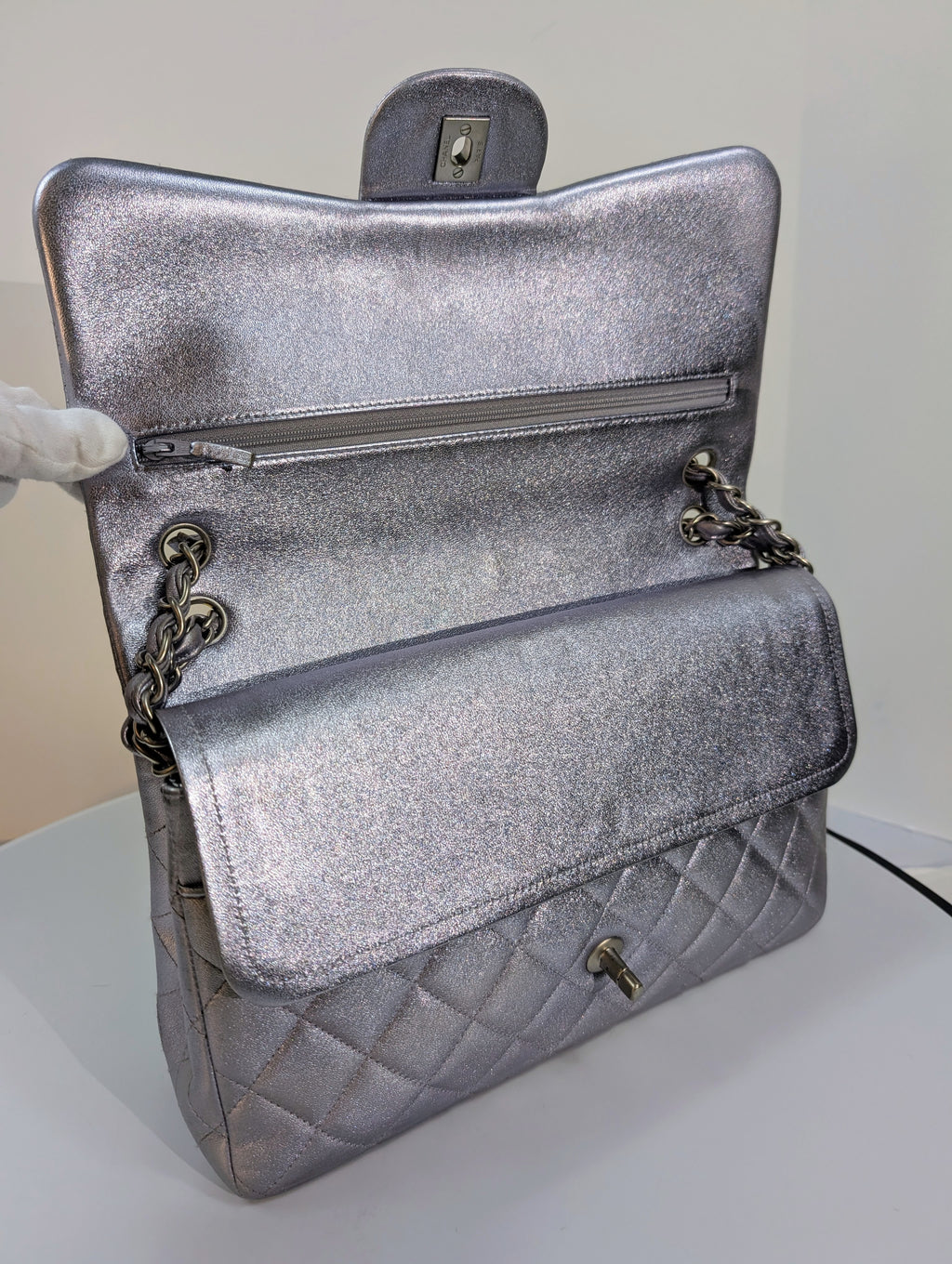 Chanel 22-Series Iridescent Silver Lambskin Classic Jumbo Double Flap Bag
