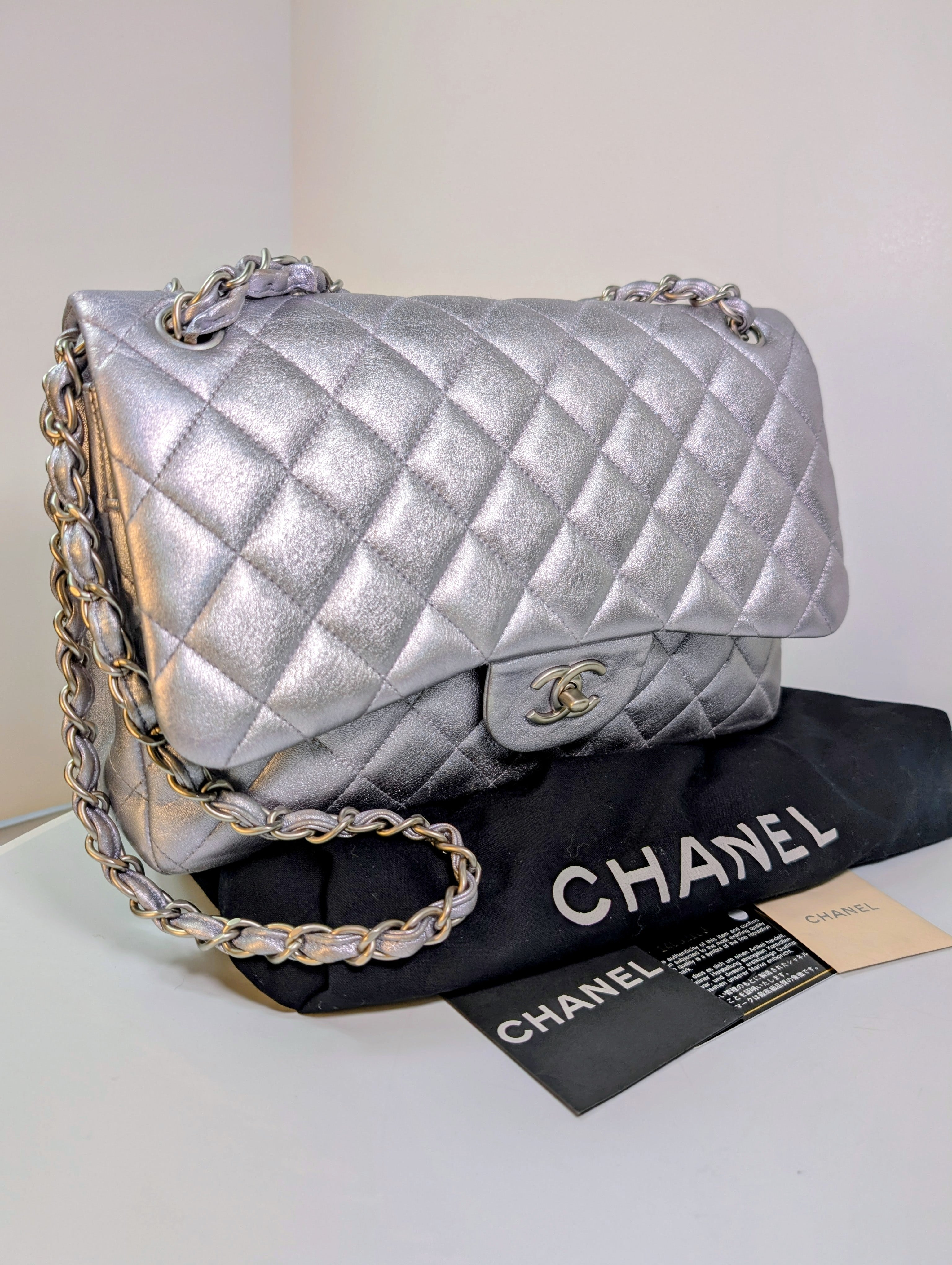 Chanel 22-Series Iridescent Silver Lambskin Classic Jumbo Double Flap Bag