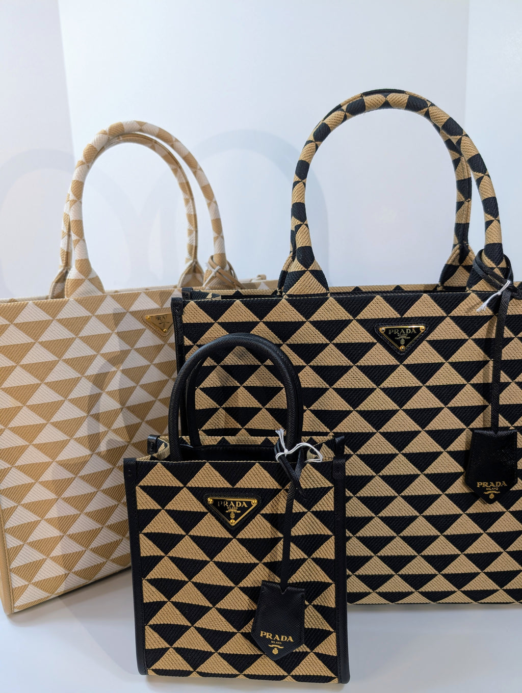 Prada Large Beige and Black Triangle Pattern Jacquard Tote Bag with Saffiano Leather Trim