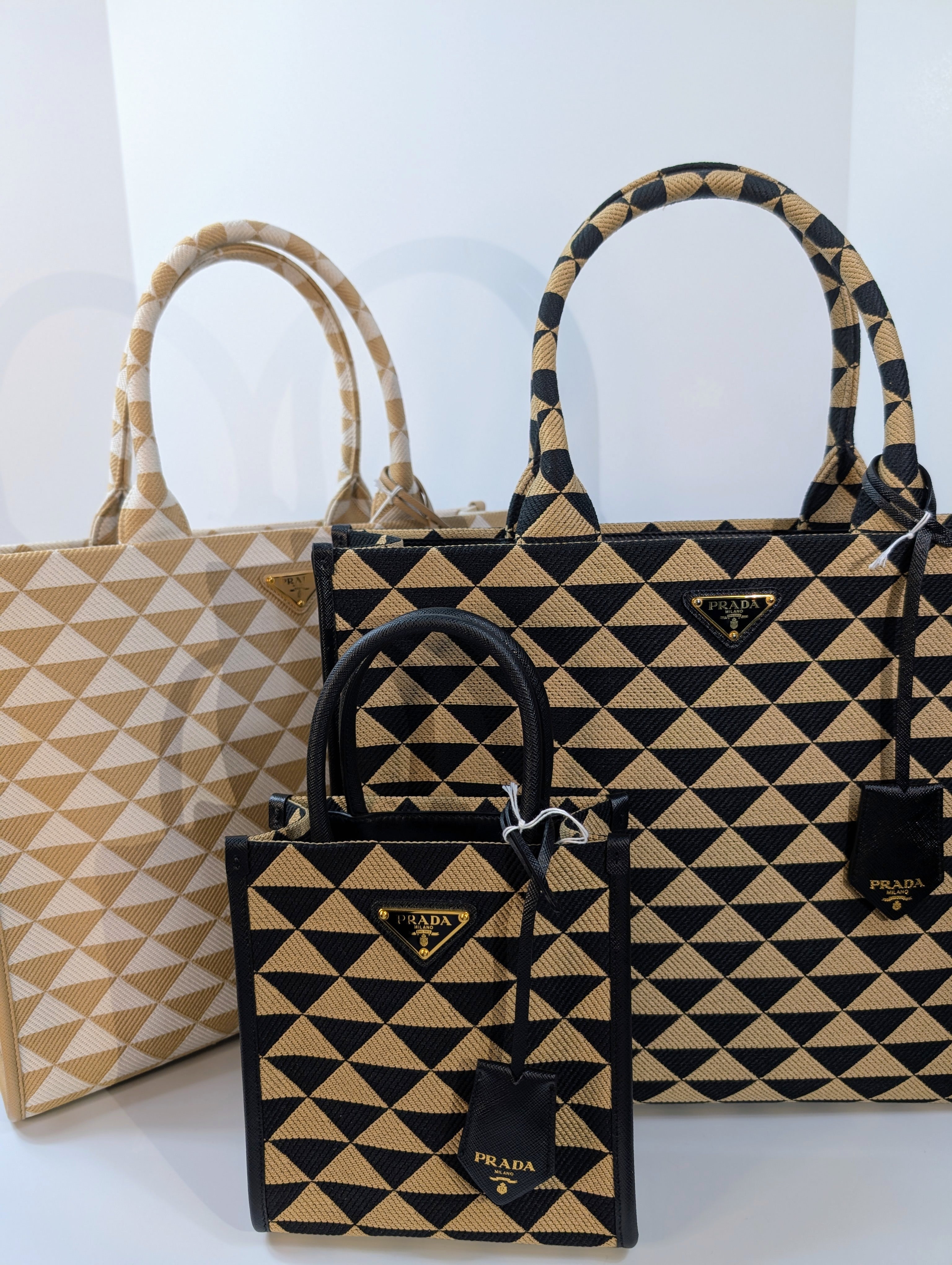 Prada Large Beige and Black Triangle Pattern Jacquard Tote Bag with Saffiano Leather Trim