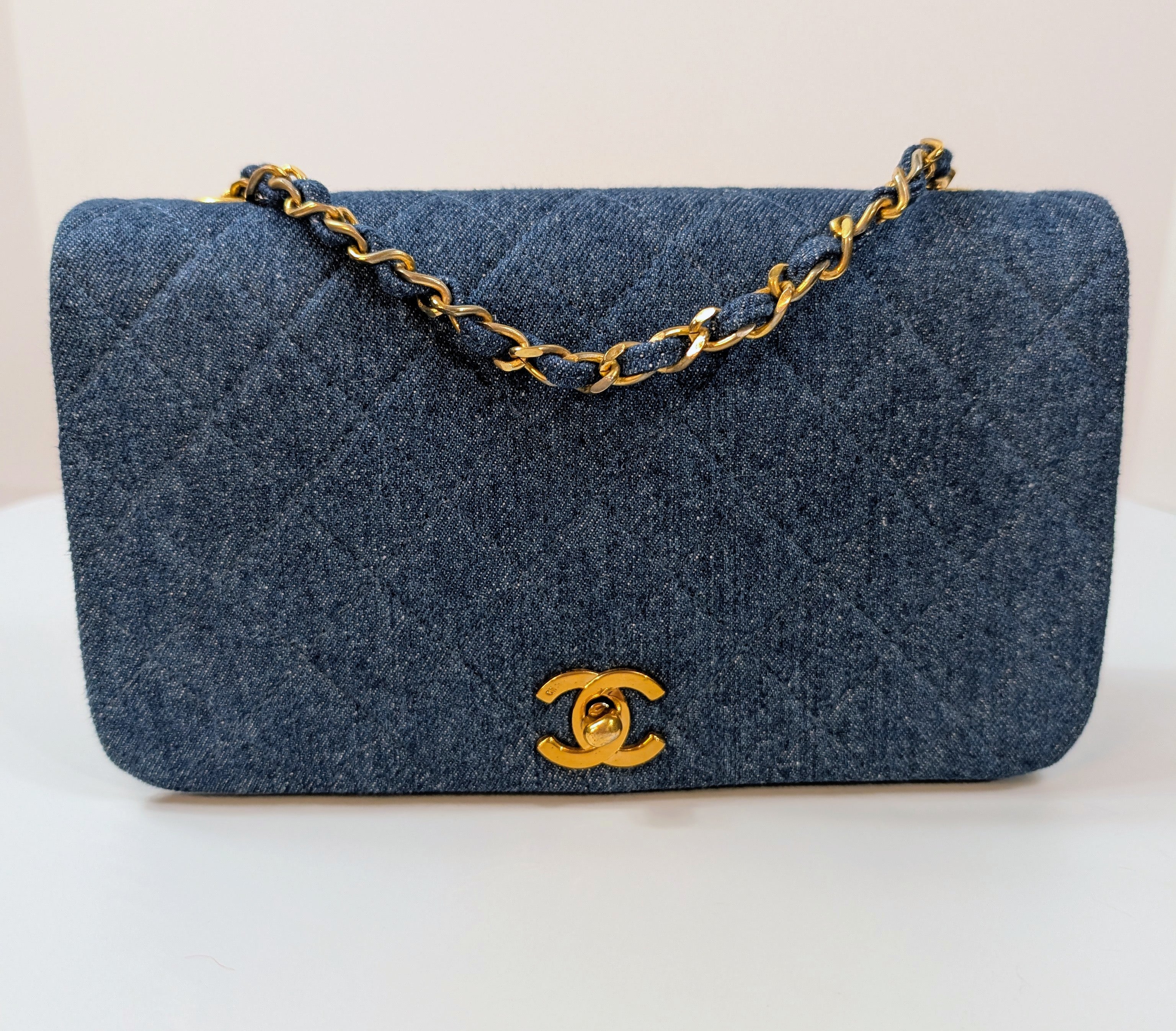 Chanel Vintage Classic Blue Denim Quilted Medium Full Flap Bag