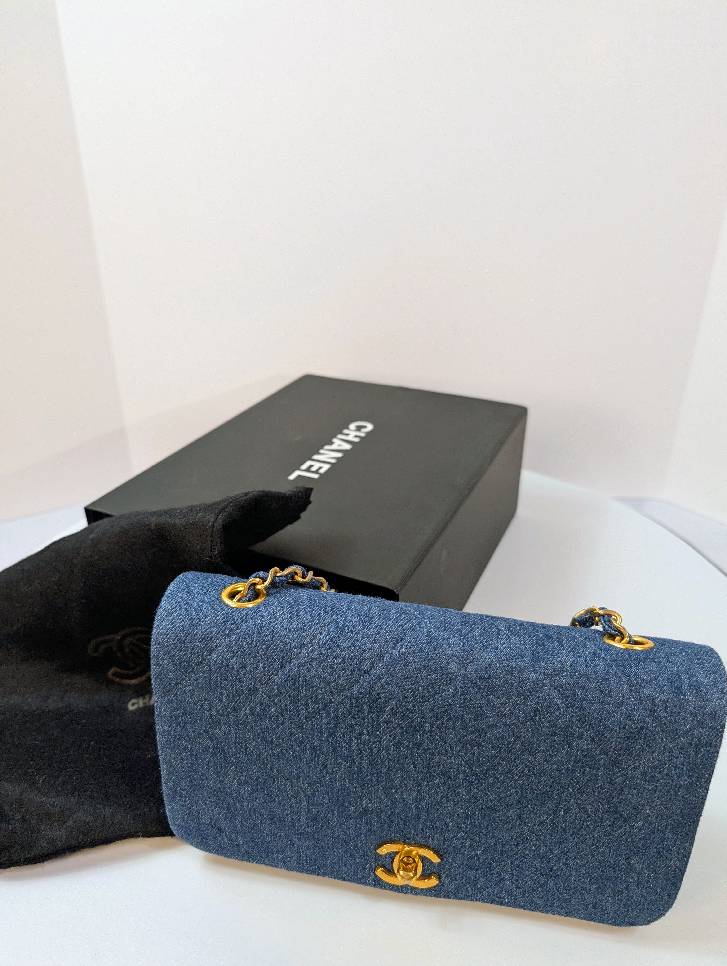 Chanel Vintage Classic Blue Denim Quilted Medium Full Flap Bag