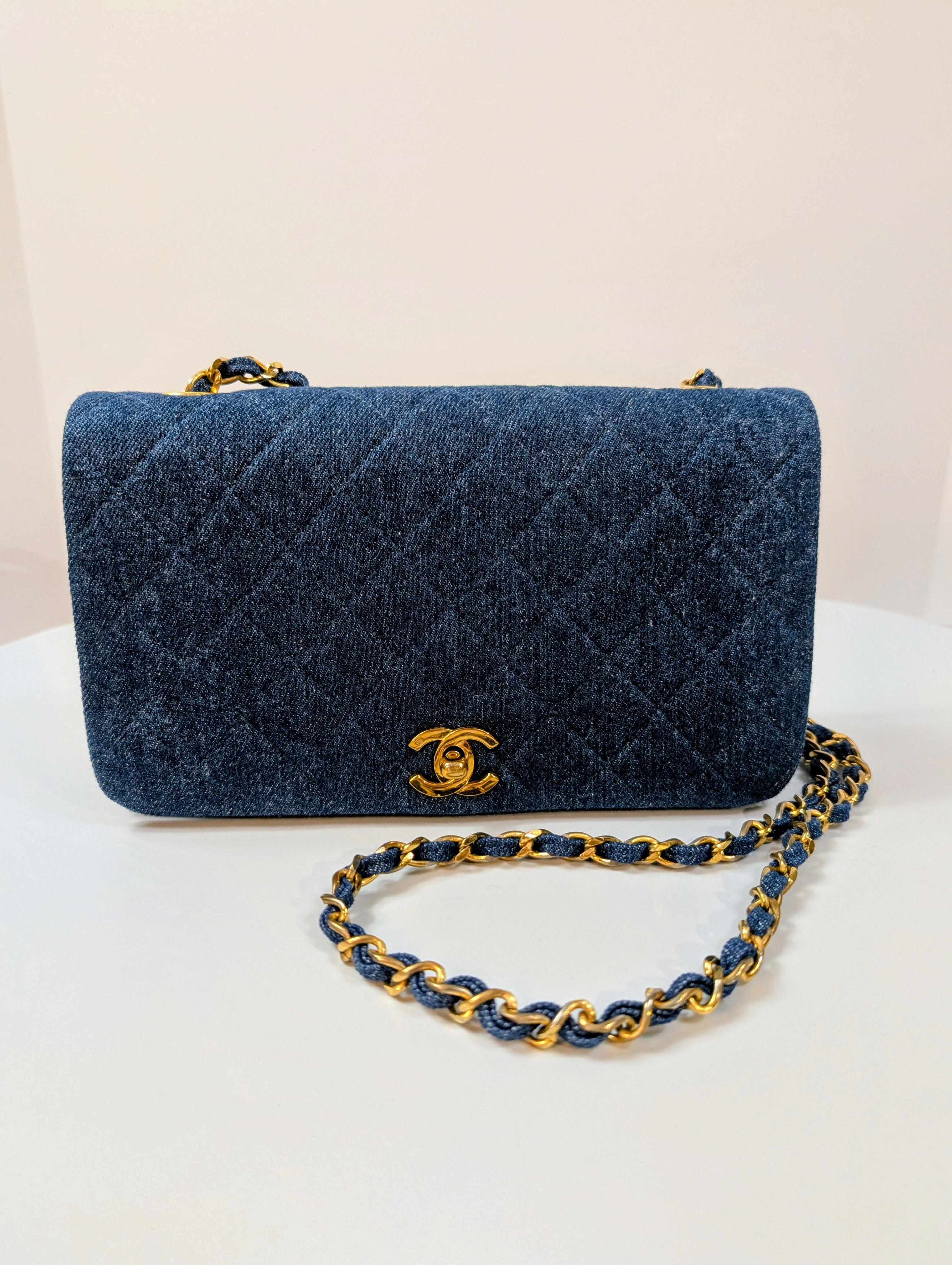Chanel Vintage Classic Blue Denim Quilted Medium Full Flap Bag